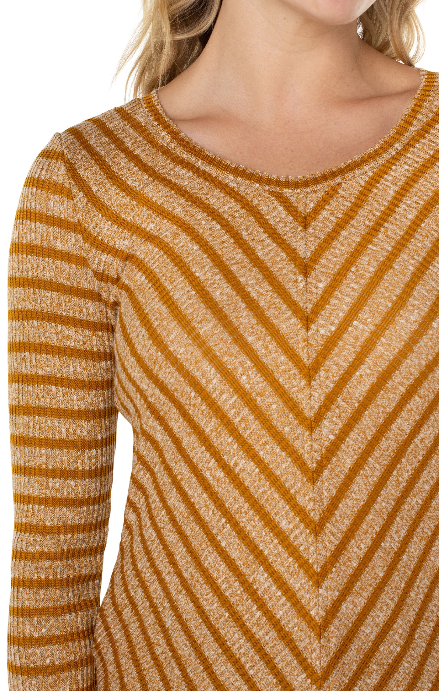 Liverpool 3/4 Miter Front Scoop Neck Knit Top (Gold Stripe)