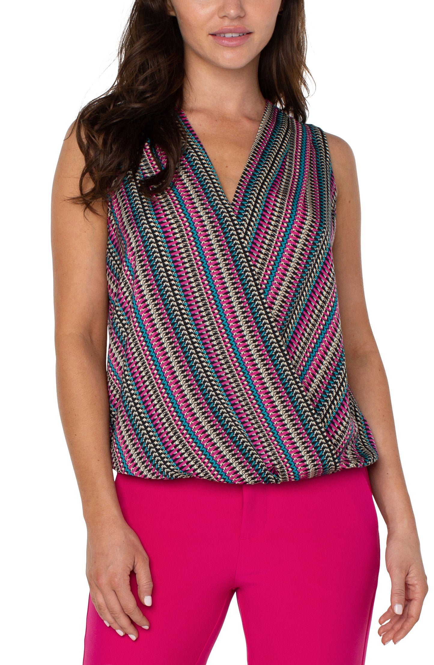 Liverpool Sleeveless V Neck Drape Front Knit Top (Text Multi Stripe)