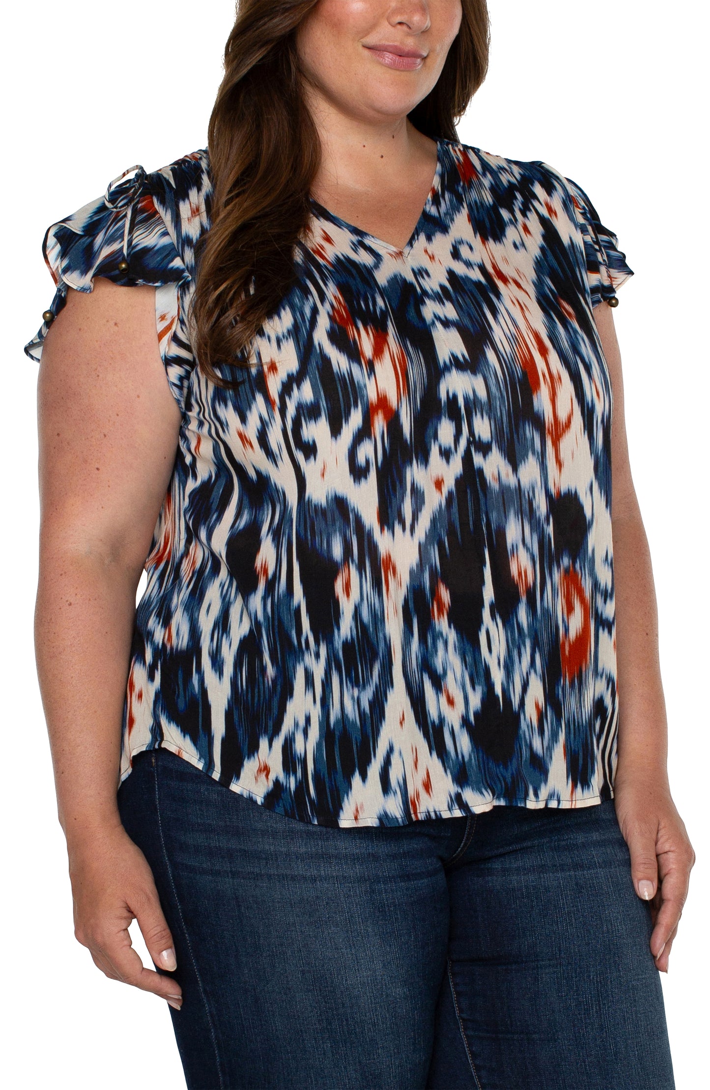 Liverpool's Shirred V-Neck Dolman Top with Tie Details (Allover Ikat)