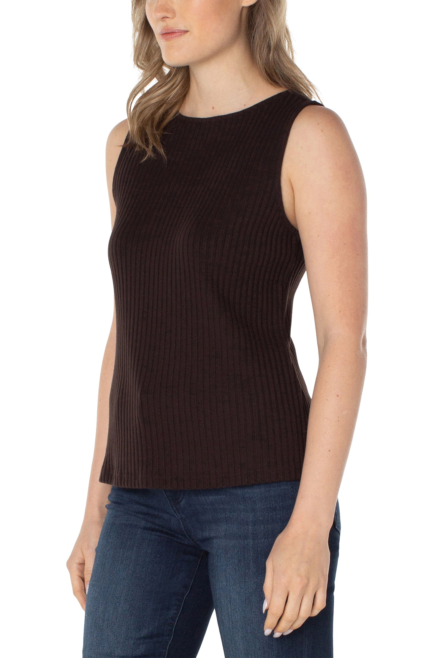 Liverpool Sleeveless Boat Neck Rib Knit Top (Solids)