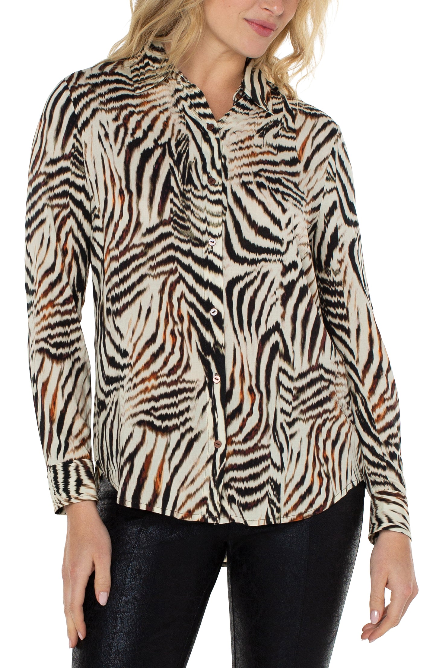 Liverpool Button Front Woven Blouse (allover patchwork animal print)