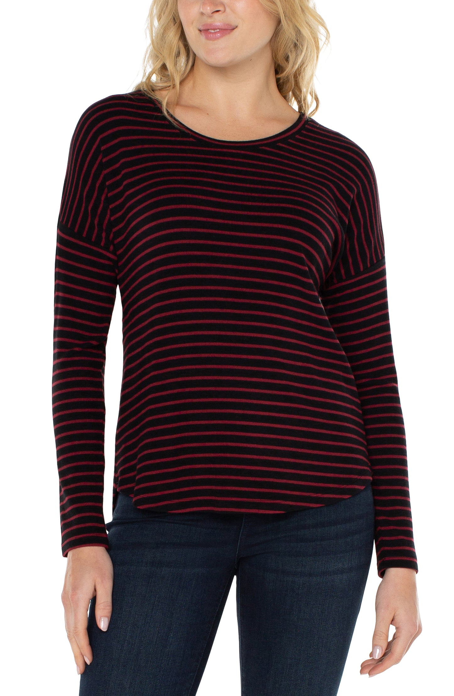 Liverpool's Long Sleeve Drop Shoulder Scoop Neck Knit Top (red/black stripe)