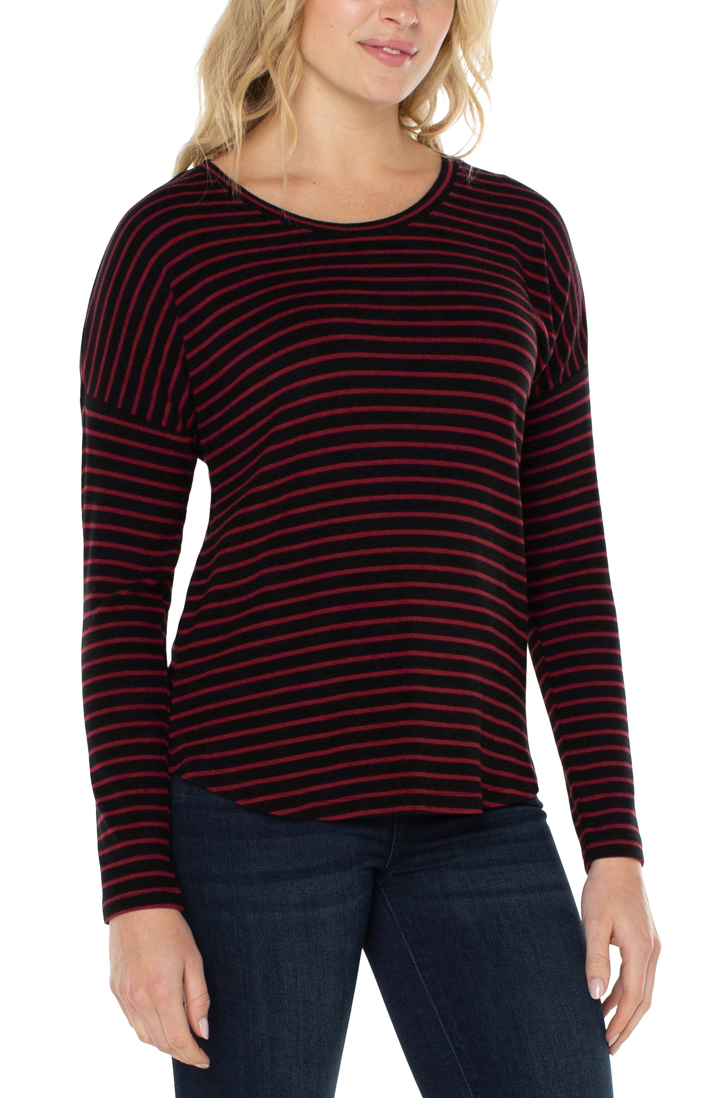 Liverpool's Long Sleeve Drop Shoulder Scoop Neck Knit Top (red/black stripe)