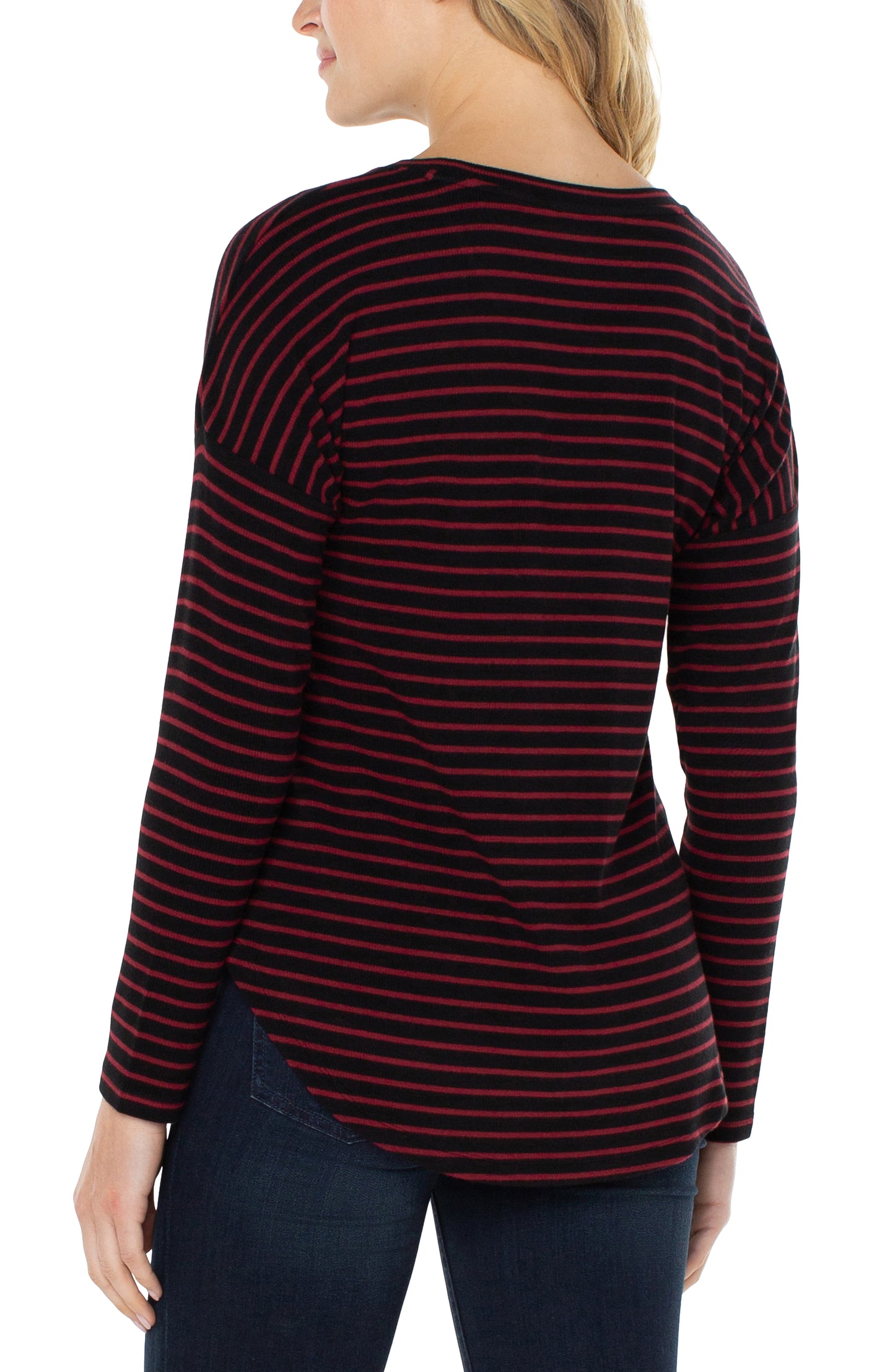 Liverpool's Long Sleeve Drop Shoulder Scoop Neck Knit Top (red/black stripe)