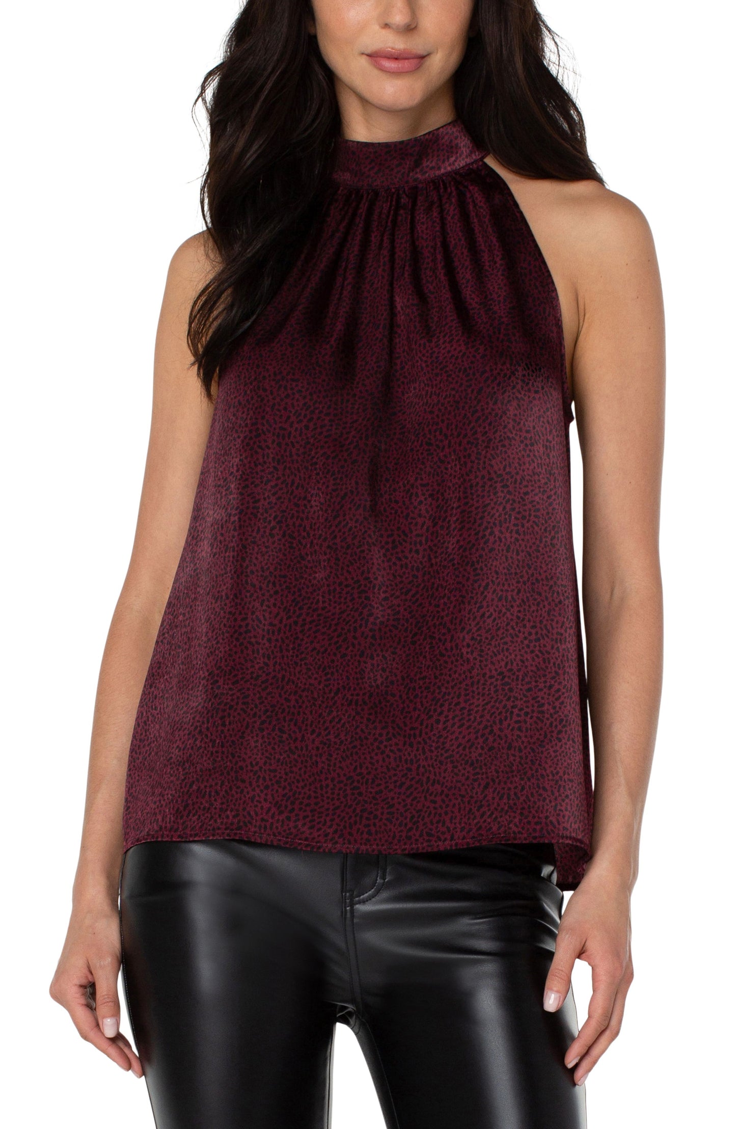 Liverpool Sleeveless Mock Neck Halter Top (Maroon Leopard Print)