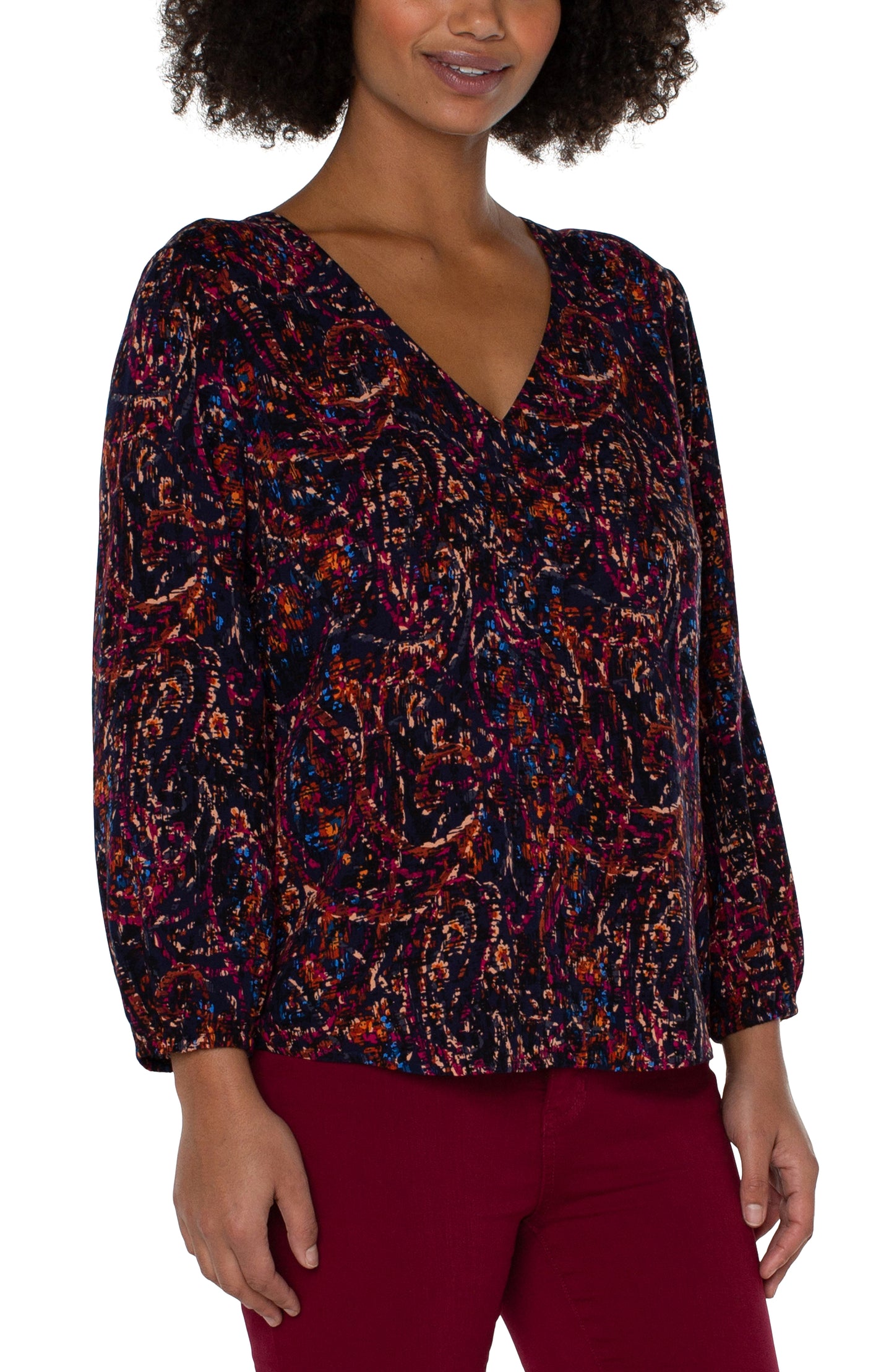 Liverpool 3/4 Sleeve Double V Neck Woven Top (batik paisley allover print)