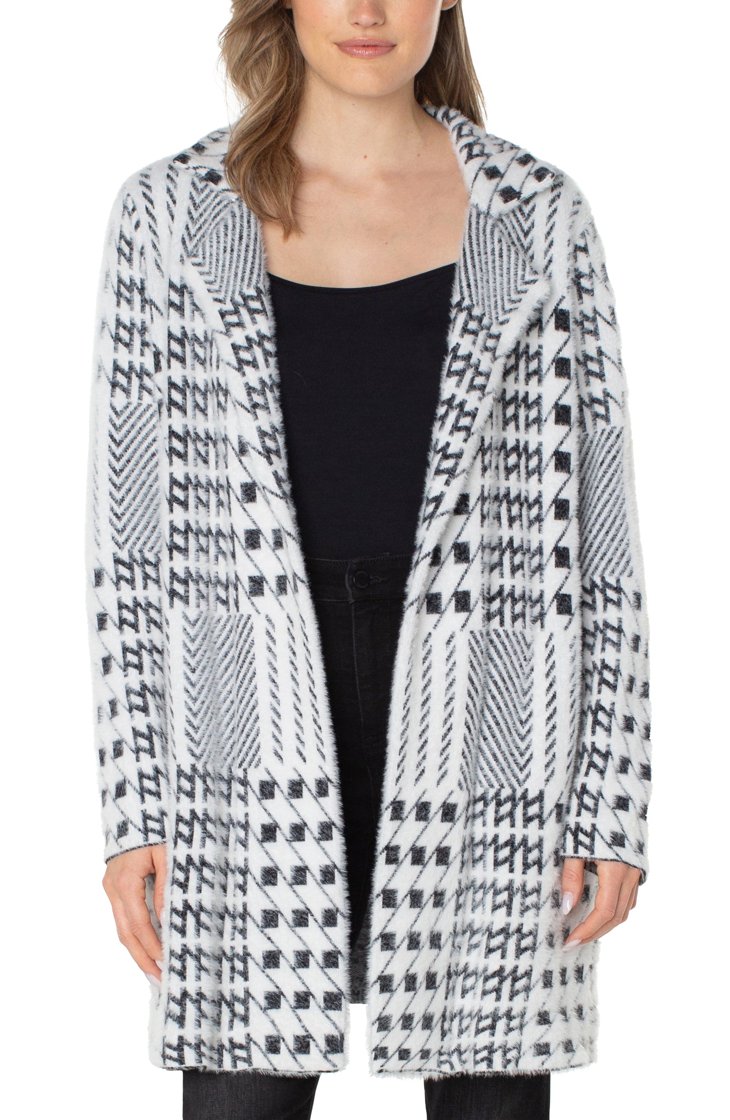 Liverpool Open Front Sweater Coat (black/white mixed plaid)