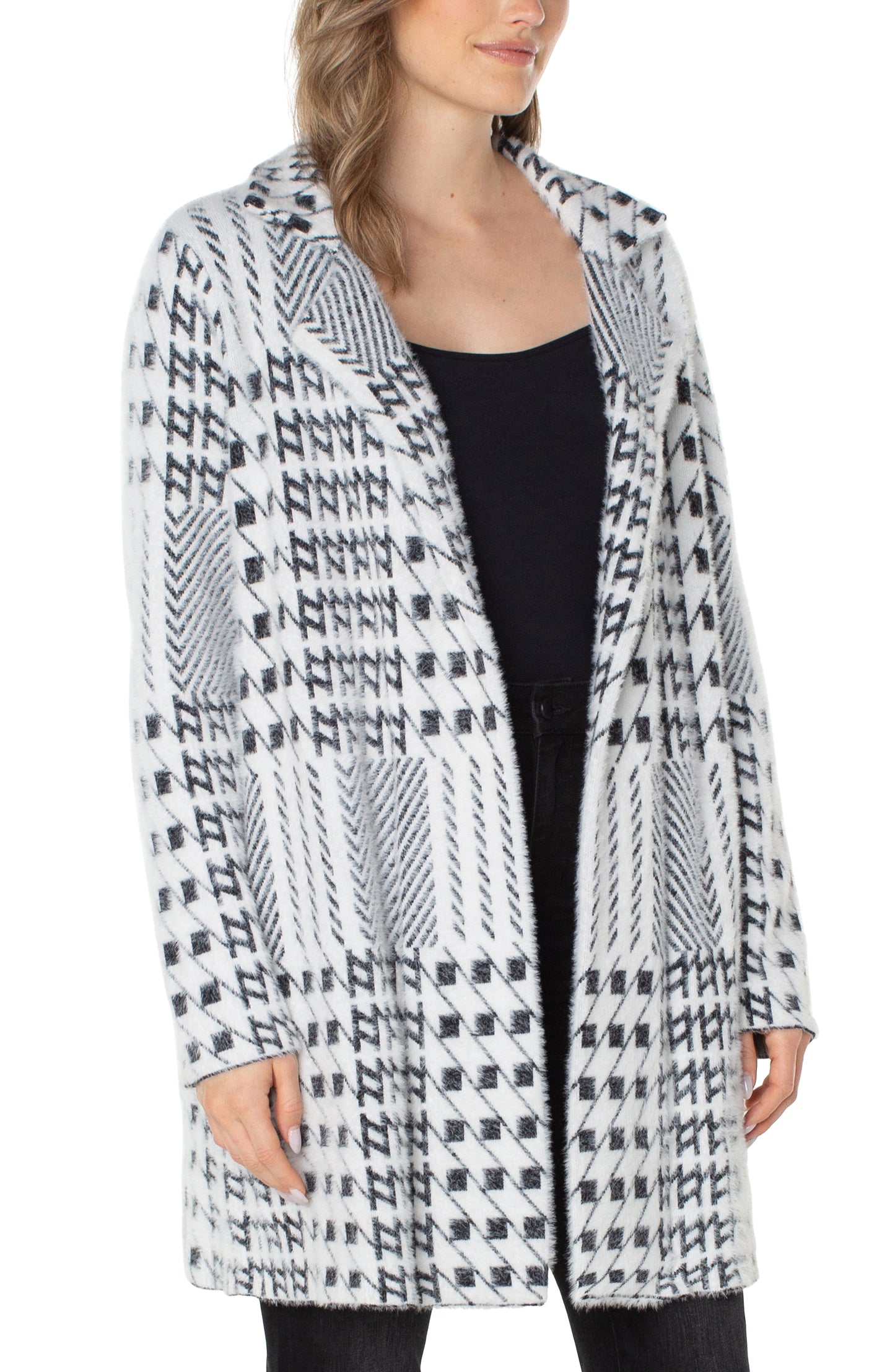 Liverpool Open Front Sweater Coat (black/white mixed plaid)