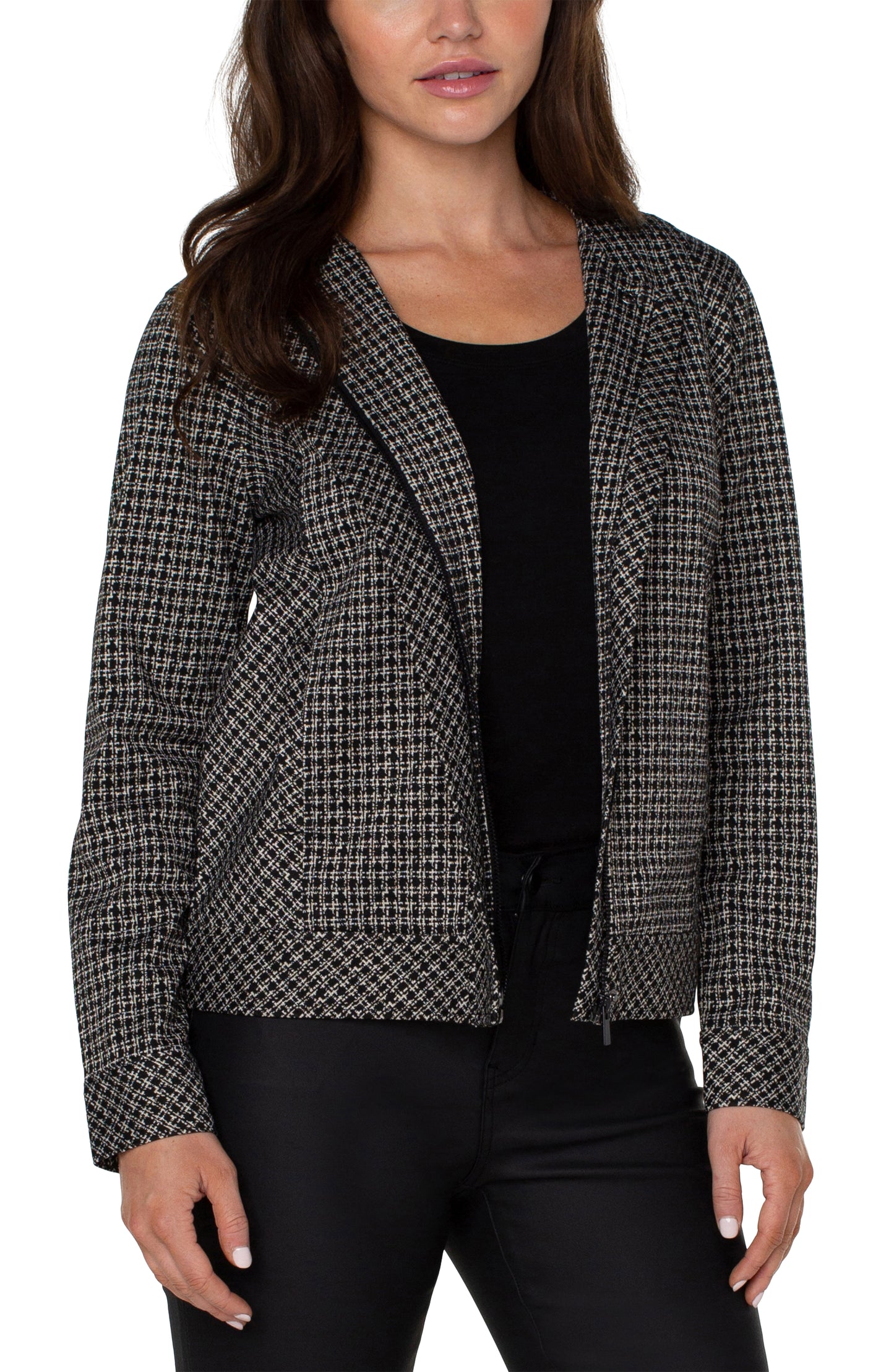 Liverpool Collarless Zip Up Jacket (black/tan lattice print)