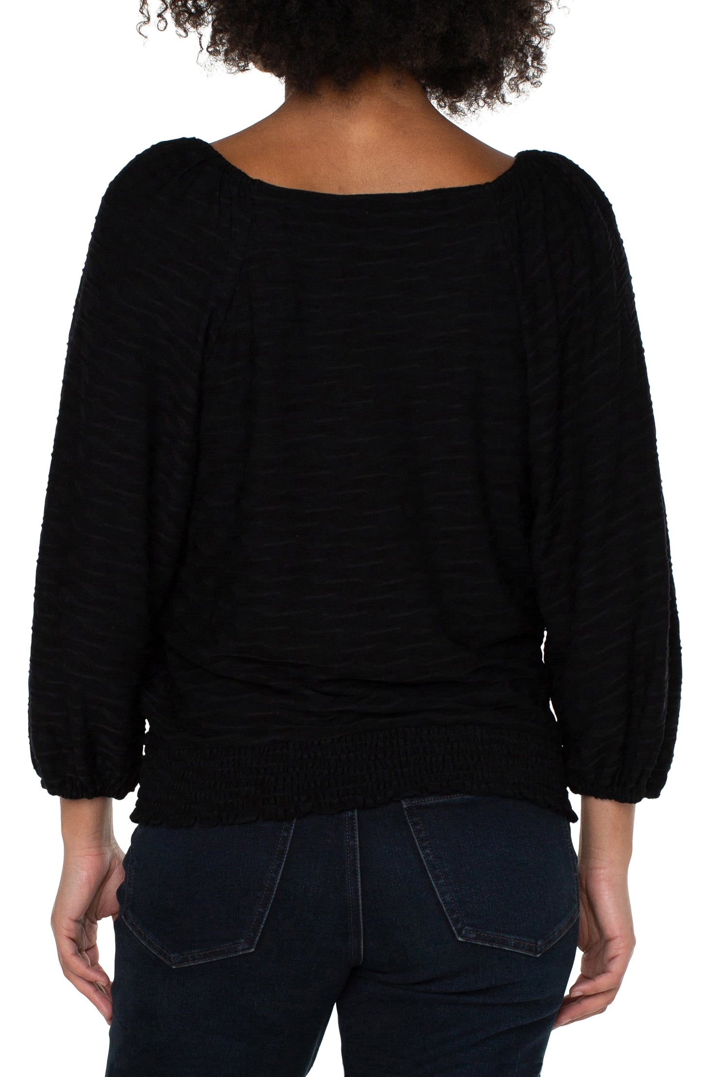 Liverpool 3/4 Puff Sleeve Square Neck Knit Top w/Smocking (Black)