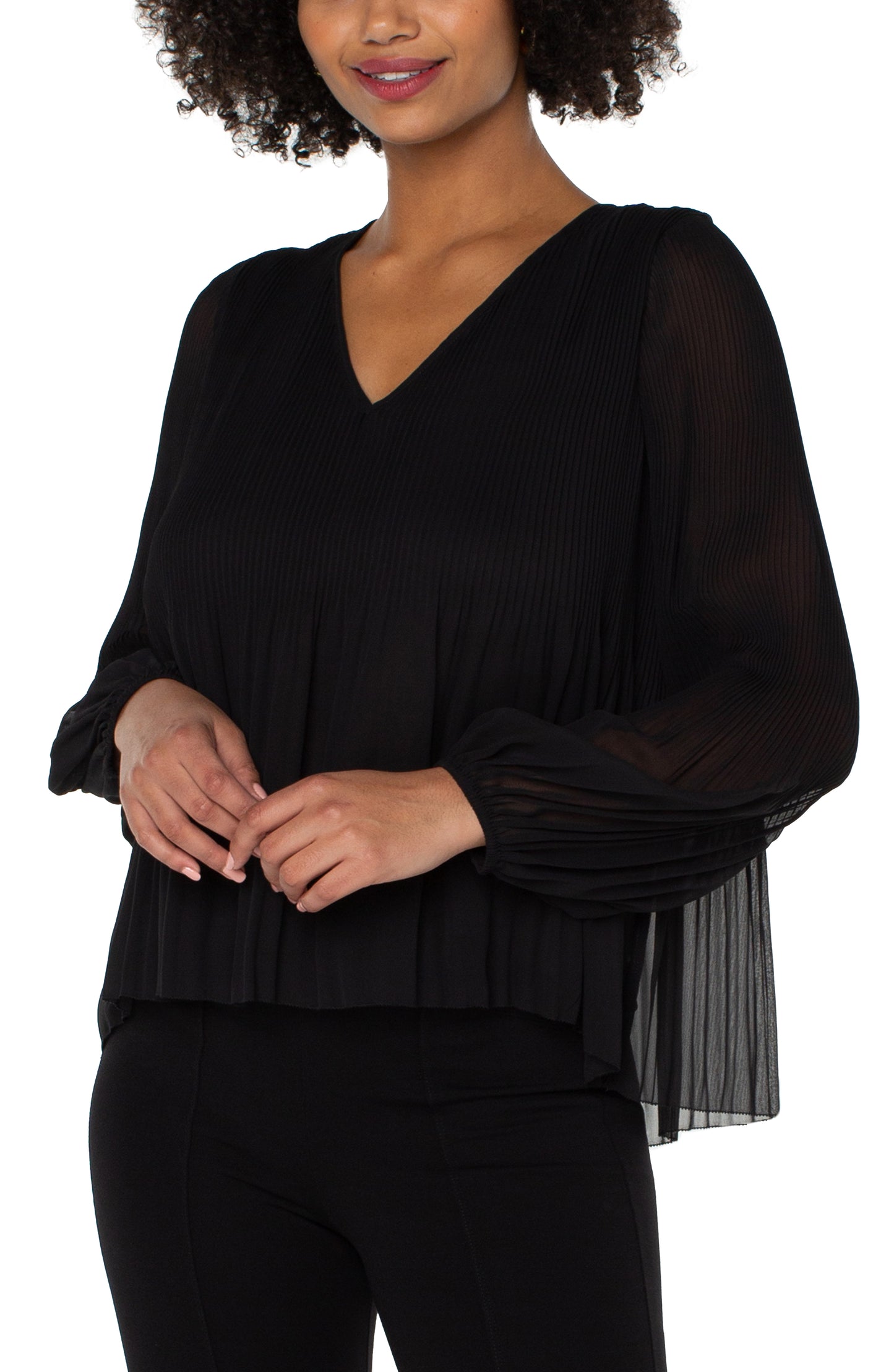 Liverpool V-Neck Long Sleeve Pleated Top (black)