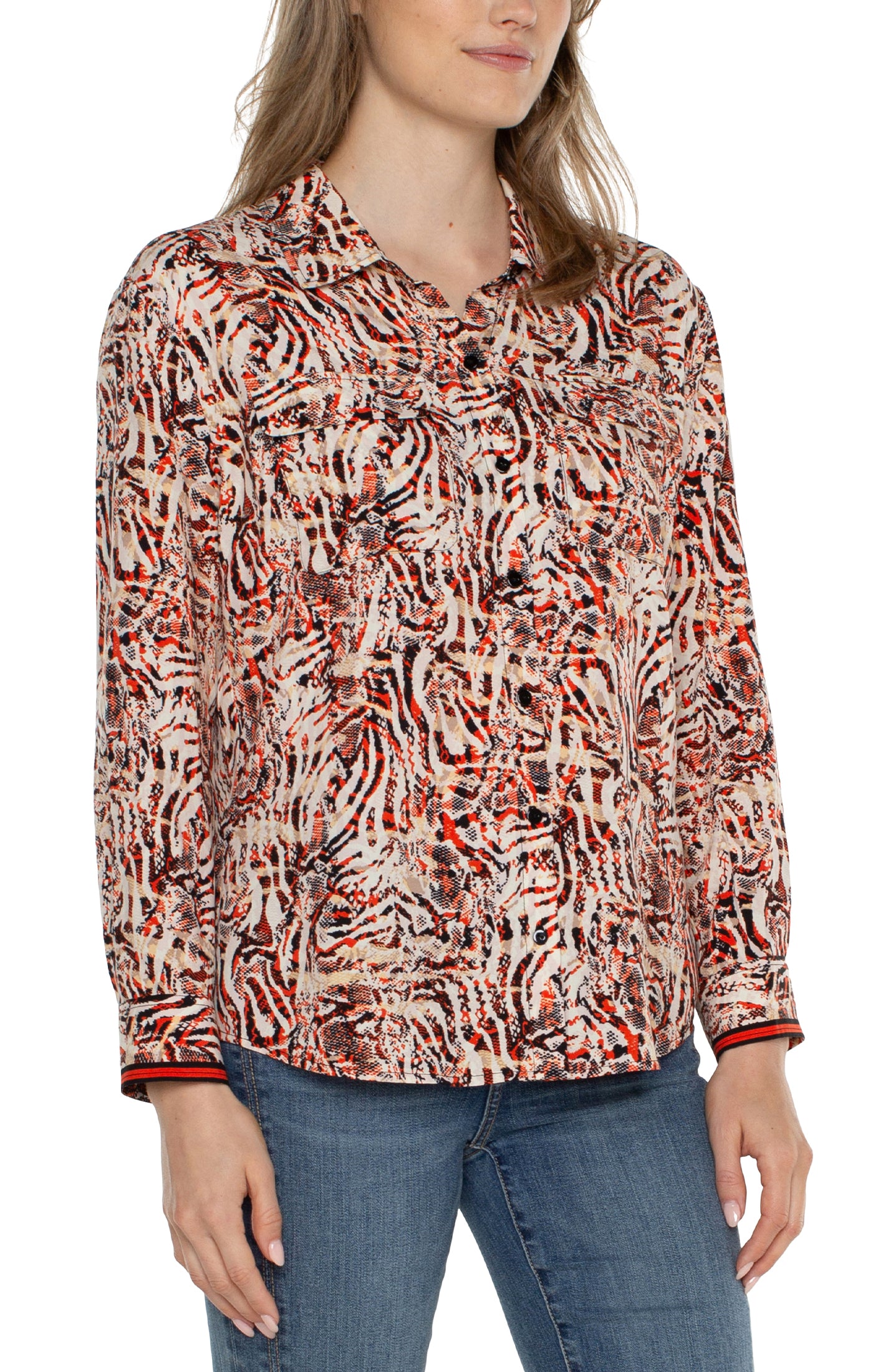 Liverpool Flap Pocket Button Front Woven Blouse (abstract animal)