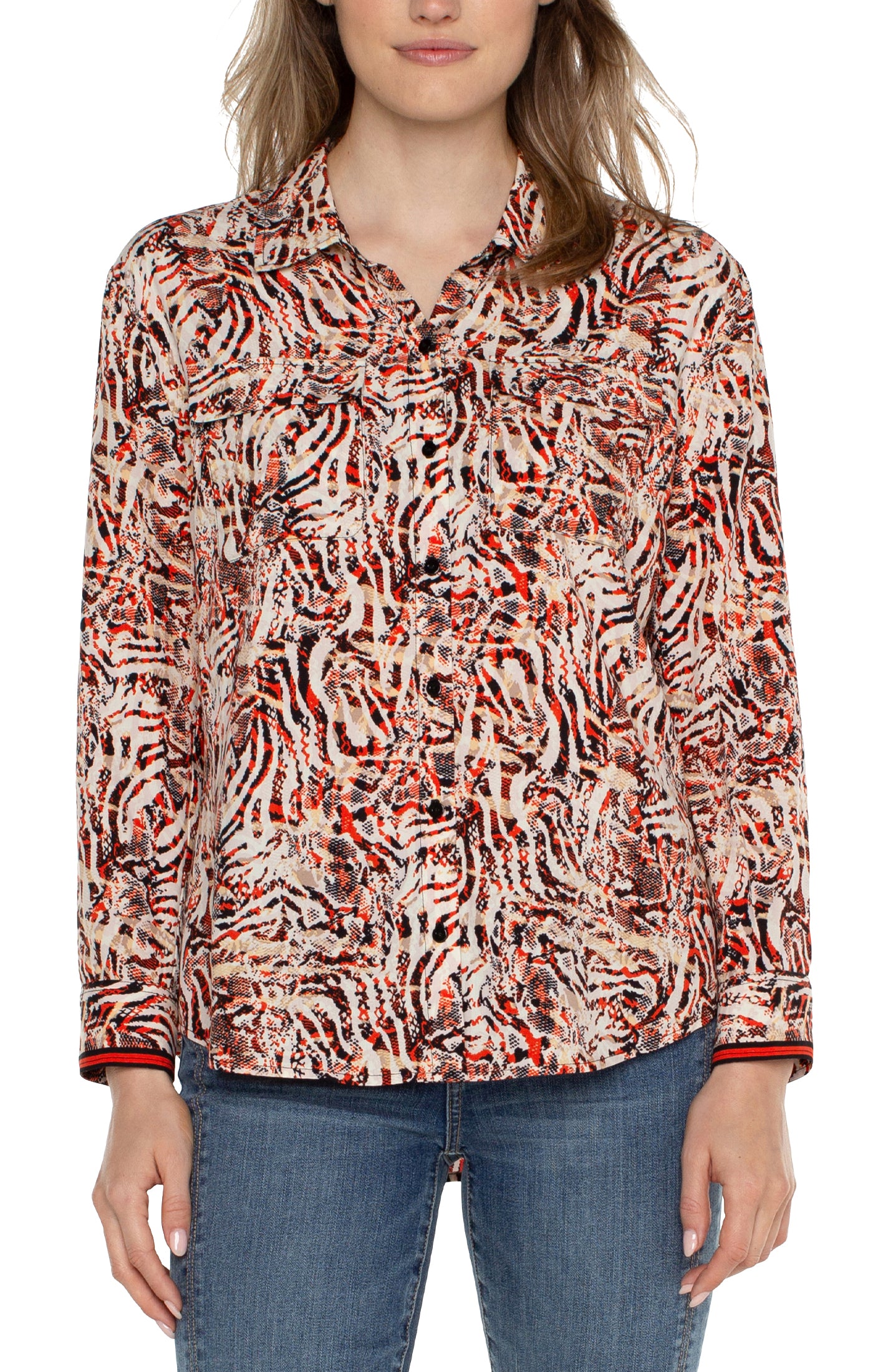 Liverpool Flap Pocket Button Front Woven Blouse (abstract animal)