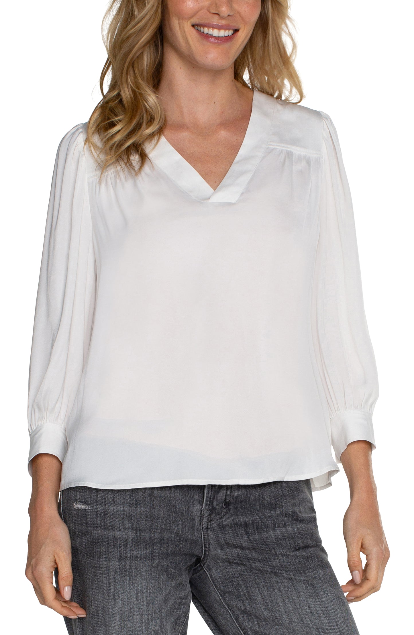 Liverpool V Neck Popover Woven Blouse (ivory)