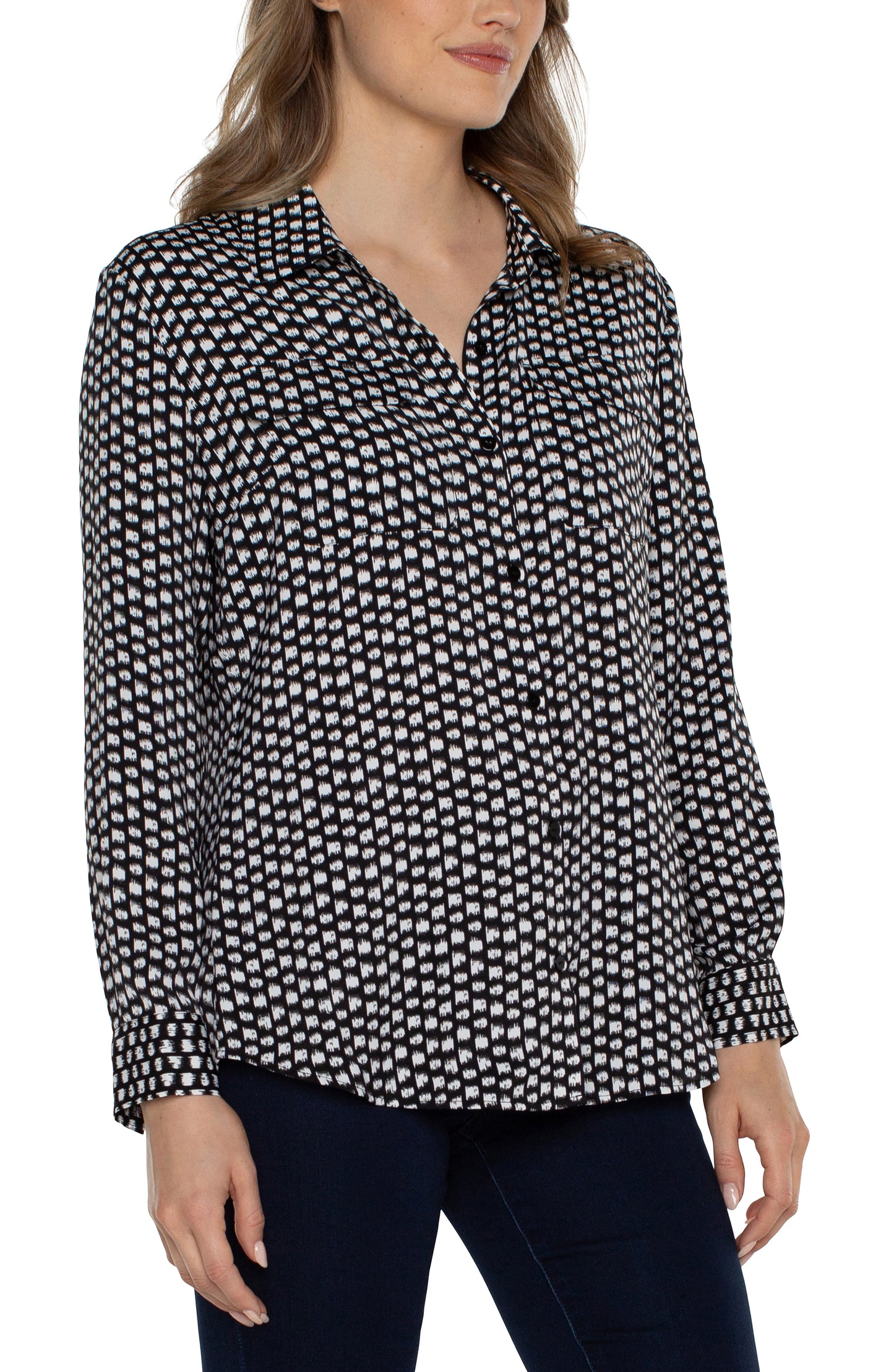 Liverpool Flap Button Front Woven Blouse (black and white with dots)