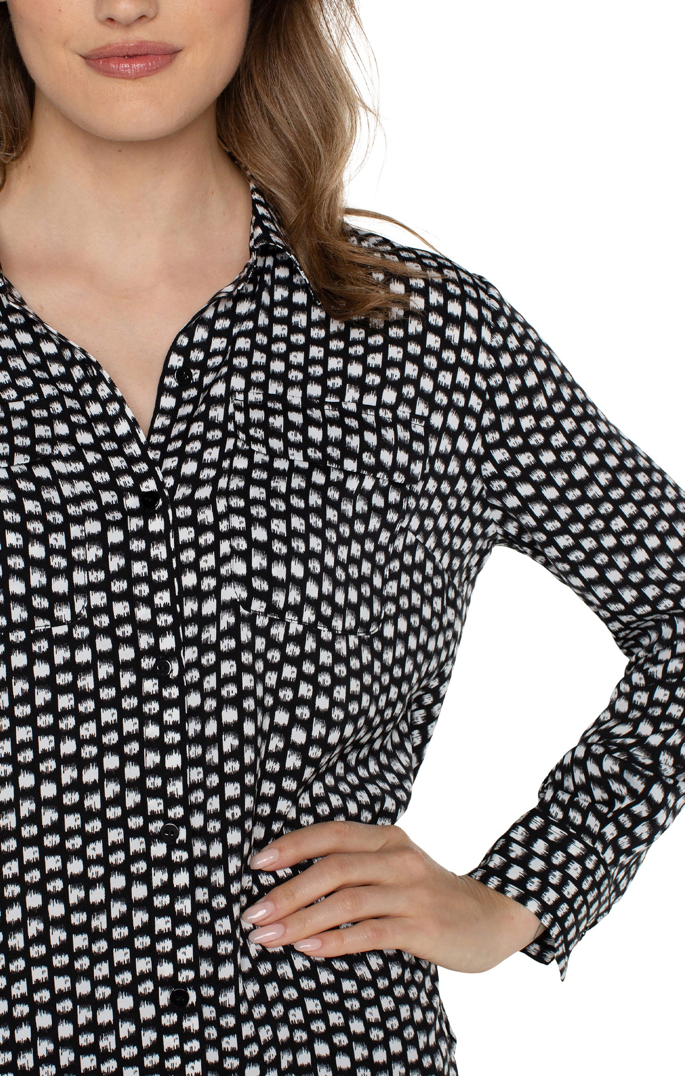 Liverpool Flap Button Front Woven Blouse (black and white with dots)