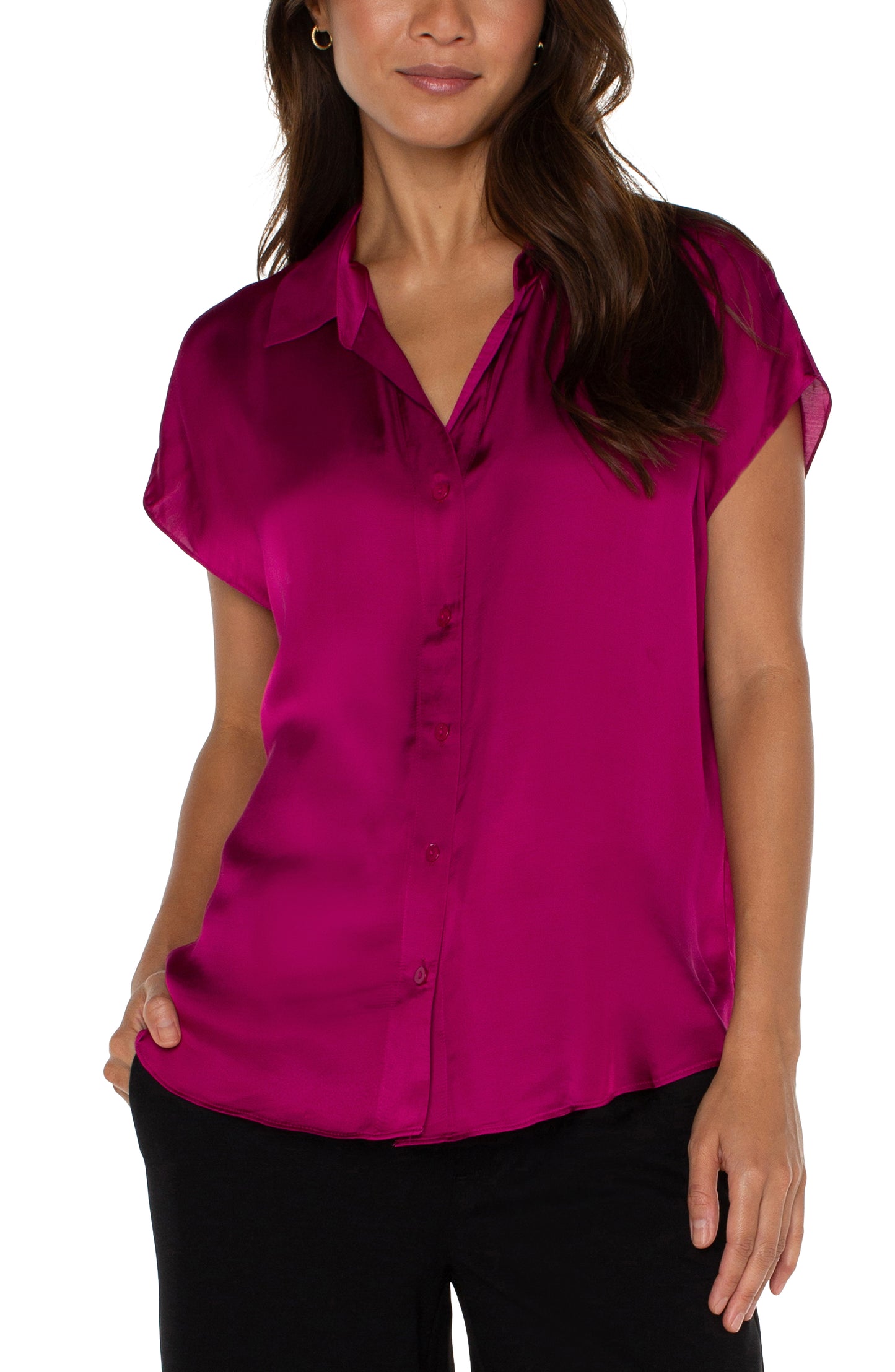 Liverpool Dolman Sleeve Blouse with Collar and Button Front (Fuchsia Kiss)