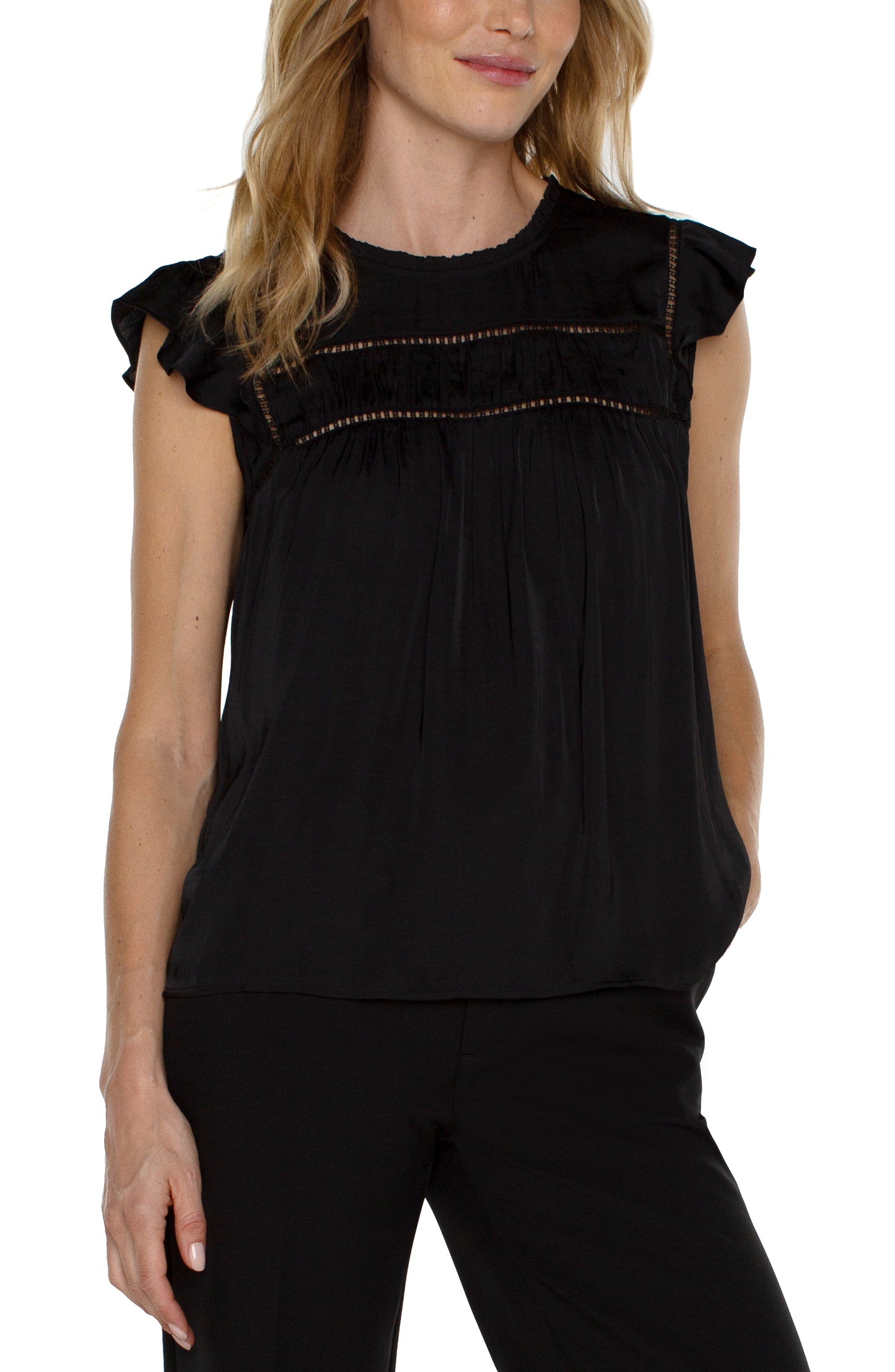 Liverpool Flutter Woven Top with Trim Detail (Black)