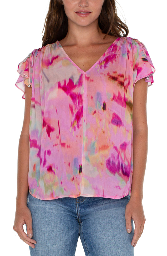 Shirred V Neck Dolman Top (fuchsia watercolor)