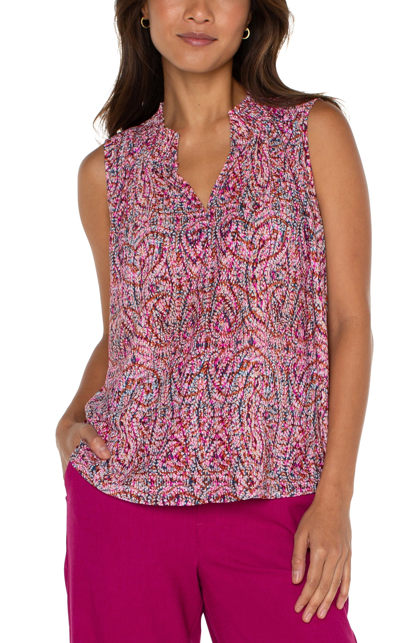 Liverpool Sleeveless Knit Blouse with Smocked Neck (paisley)