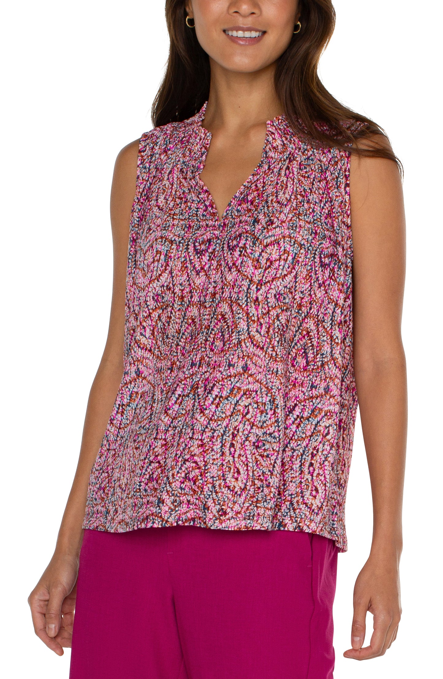 Liverpool Sleeveless Knit Blouse with Smocked Neck (paisley)