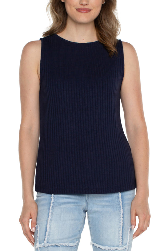 Liverpool Sleeveless Boat Neck Rib Knit Top (Dark Navy)