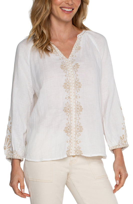 Liverpool Long Sleeve Embroidered Double Gauze Woven Top (Off White/Tan)