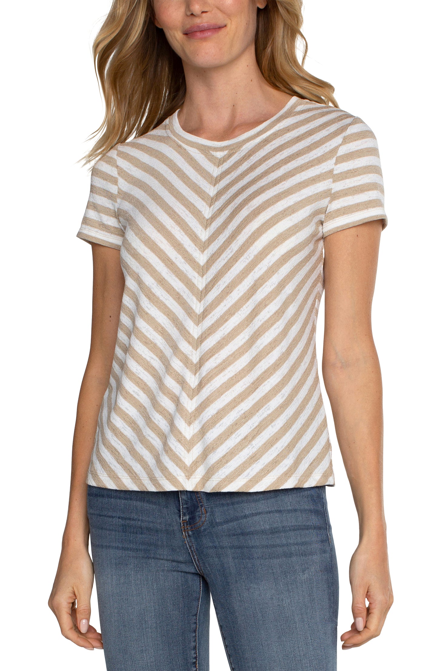 Liverpool Short Sleeve Knit Top with Tan Stripes (cream with tan stripes)