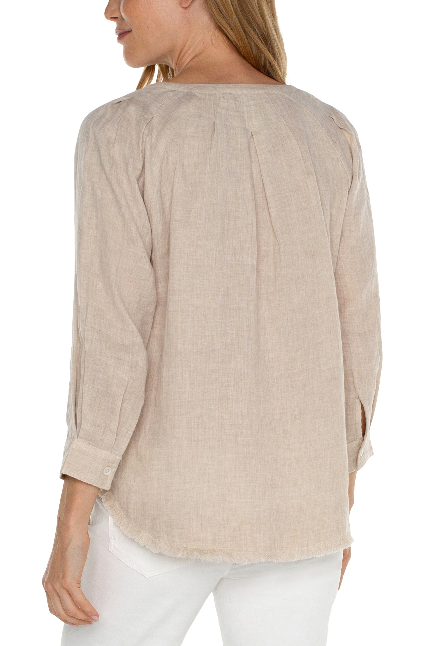 Liverpool 3/4 Sleeve Raglan Top with Pleats and Fray Hem Shirt (Beige)