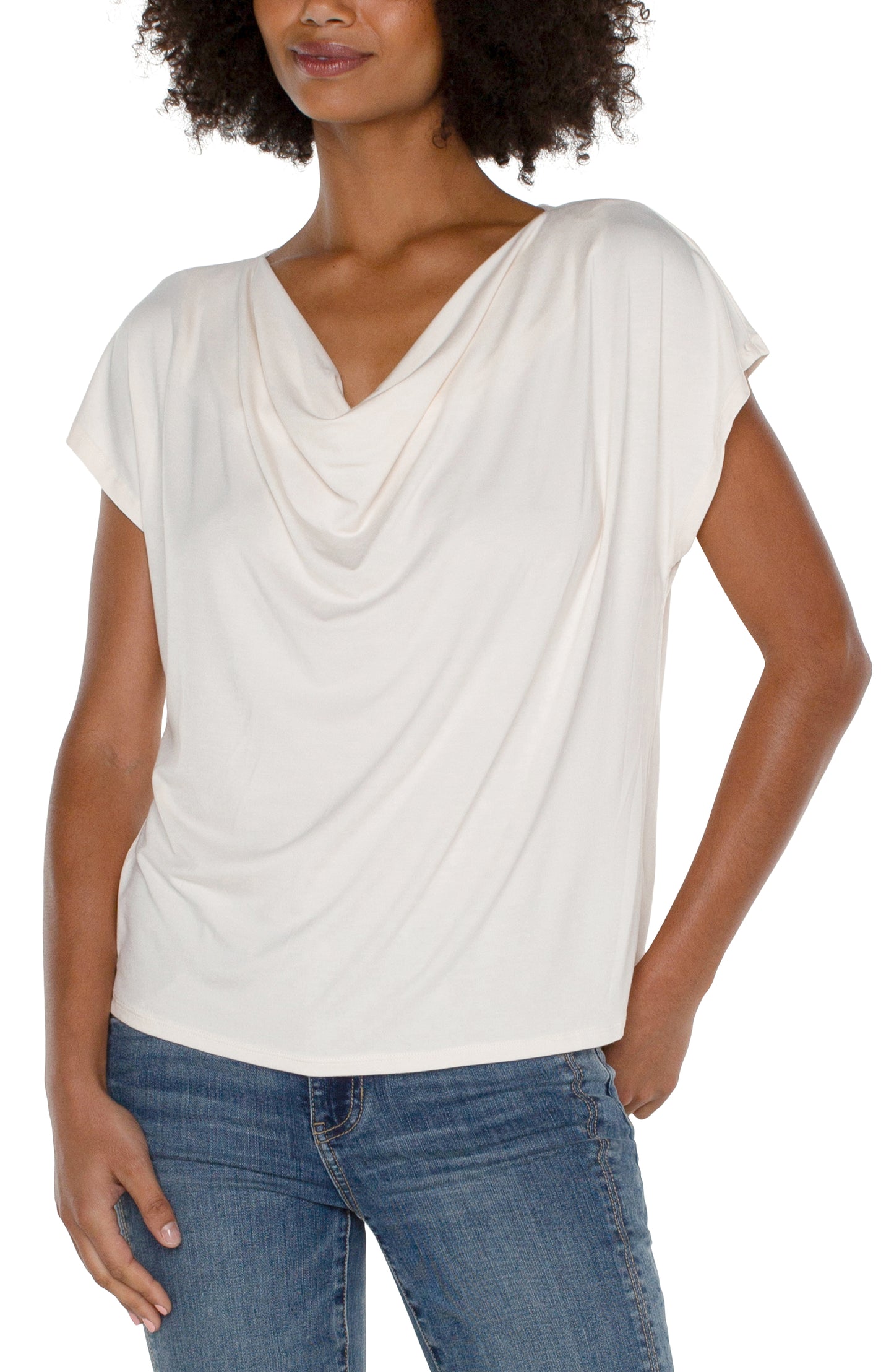 Liverpool Short Sleeve Draped Cowl Neck Knit Top (French Cream)