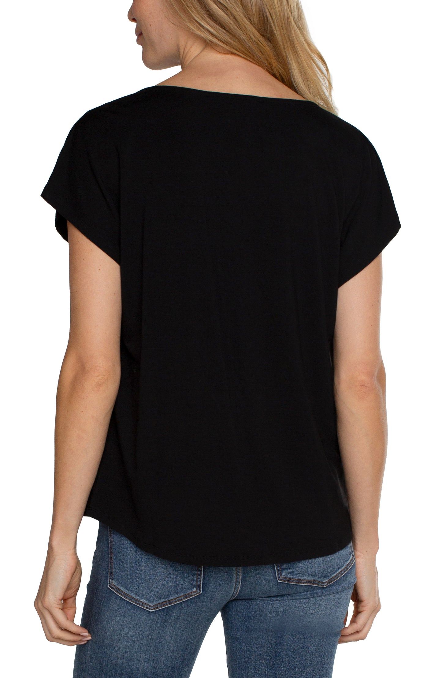 Liverpool Short Sleeve Draped Cowl Neck Knit Top (Black)