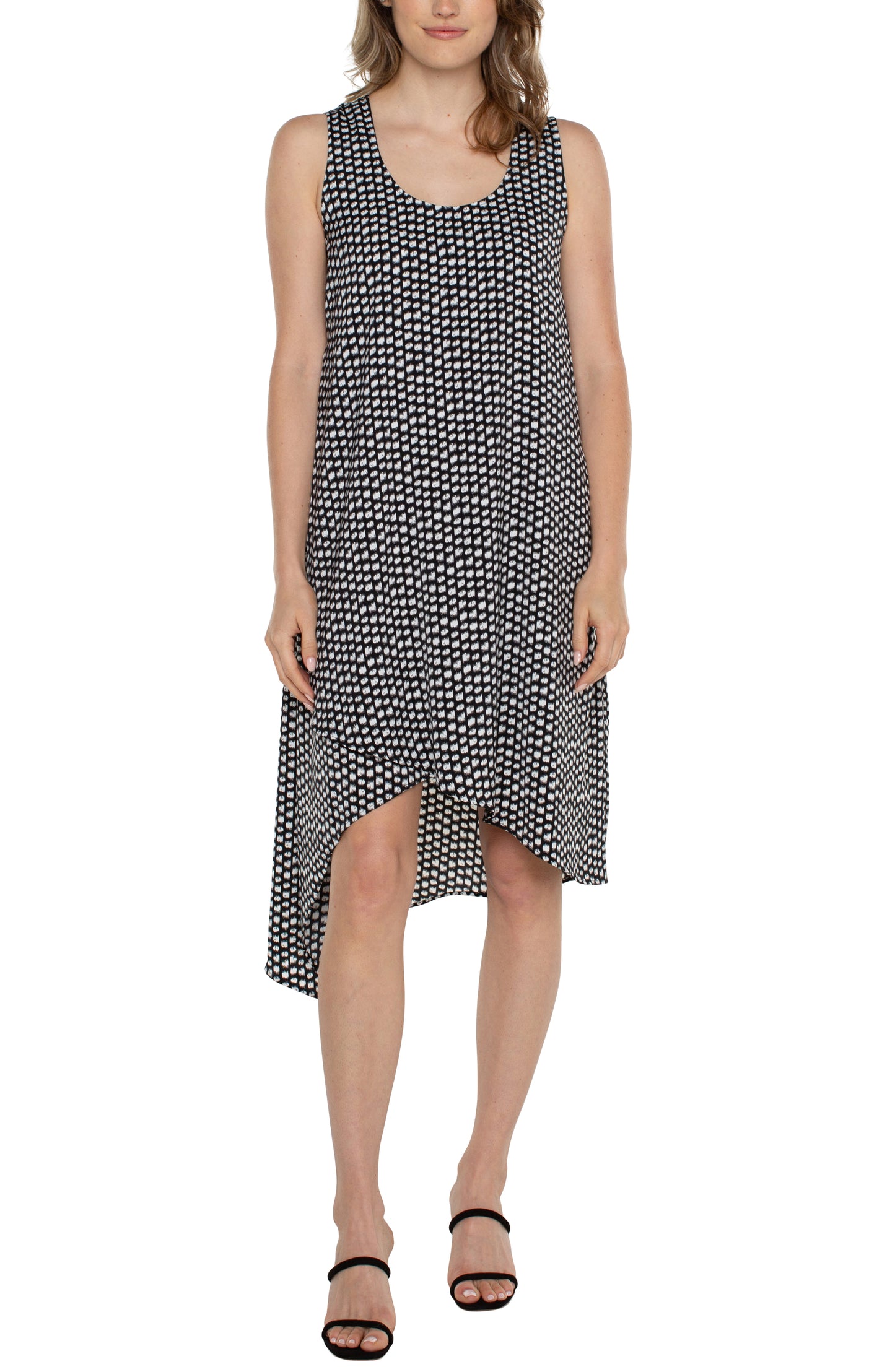 Liverpool Sleeveless Neck Dress with Asymmetric Hem (Black/White Dot)