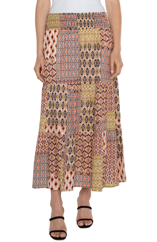 Liverpool Tiered Woven Maxi Skirt with Smocked Waist (Geo Patchwork)