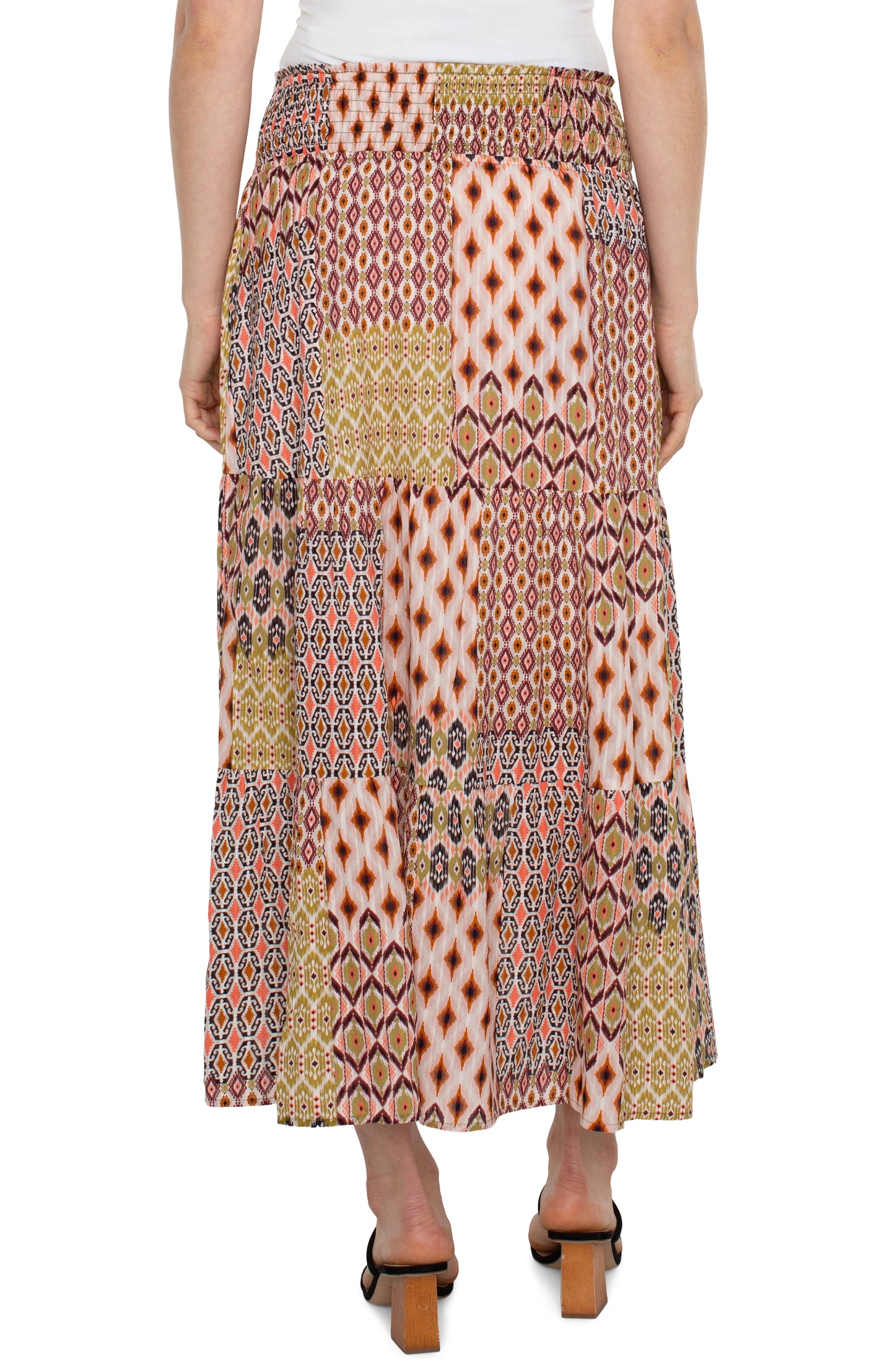 Liverpool Tiered Woven Maxi Skirt with Smocked Waist (Geo Patchwork)