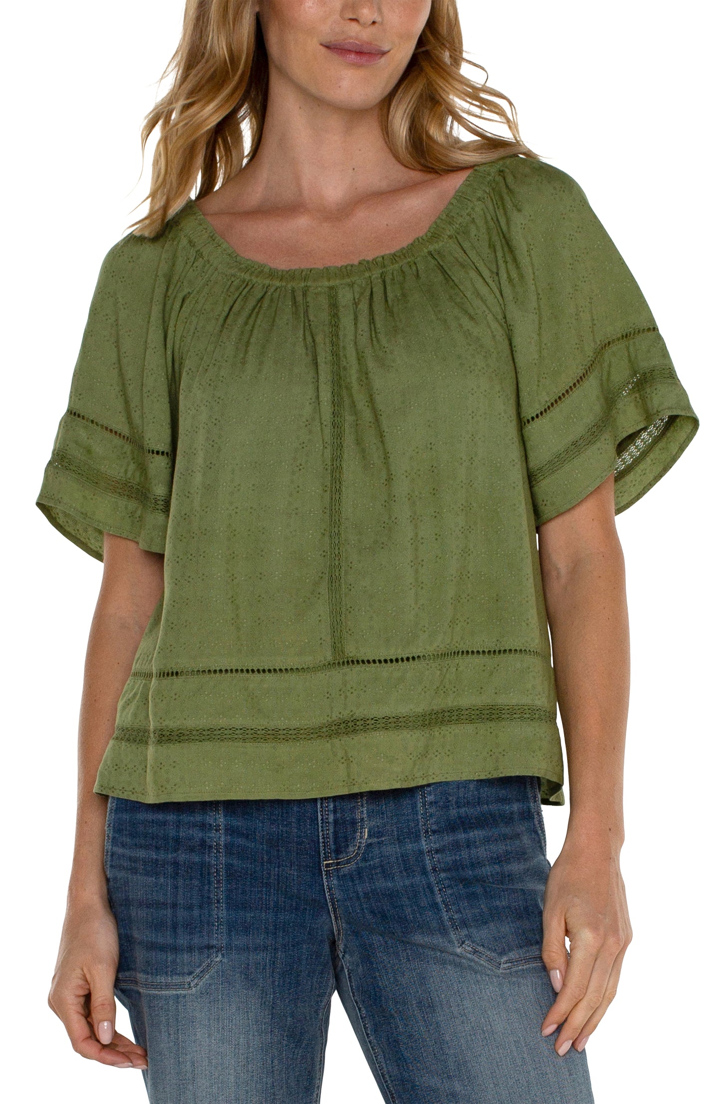 Liverpool Cropped Bell Sleeve Woven Top with Lace Trim (Eucalyptus)