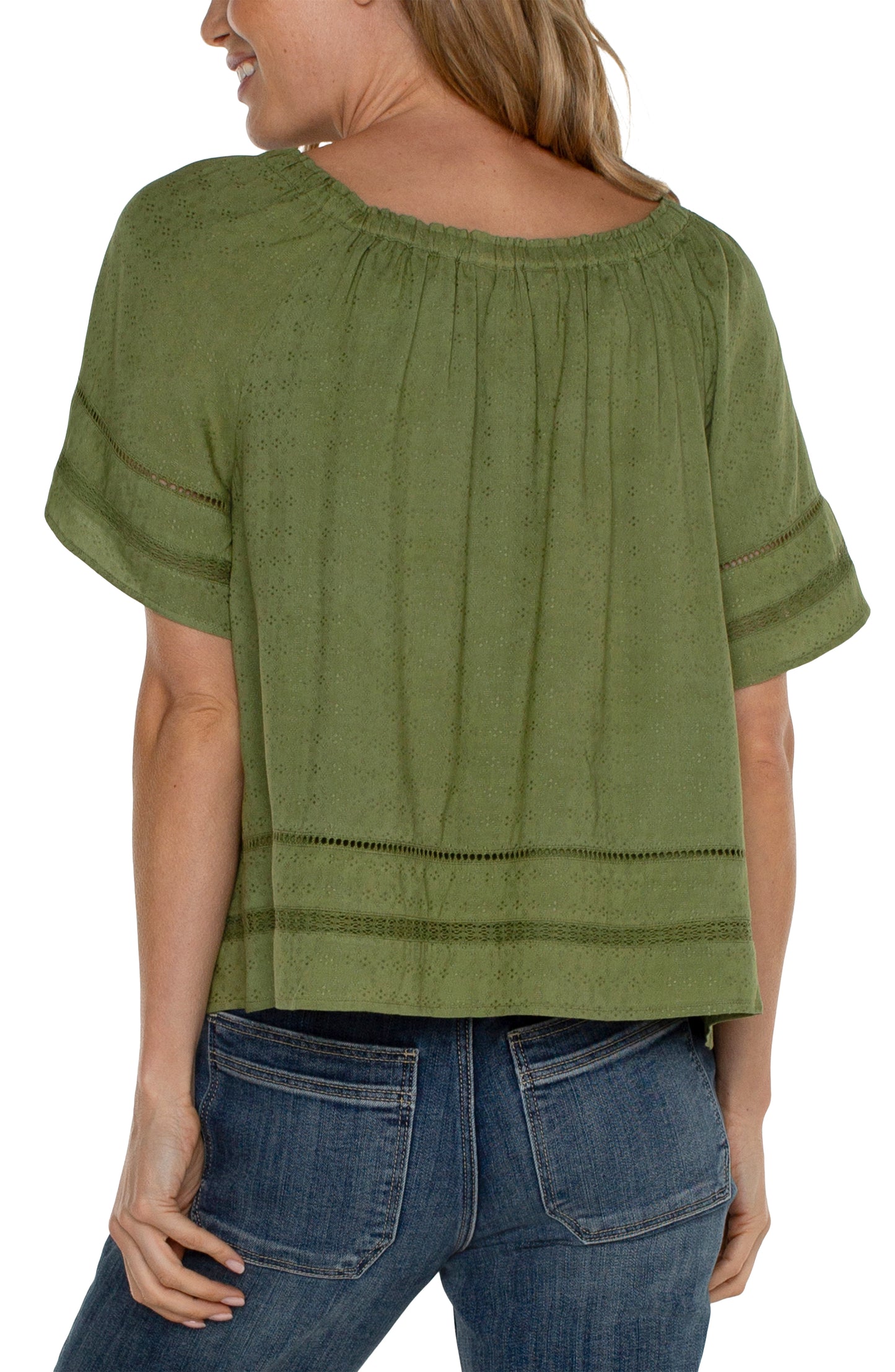 Liverpool Cropped Bell Sleeve Woven Top with Lace Trim (Eucalyptus)