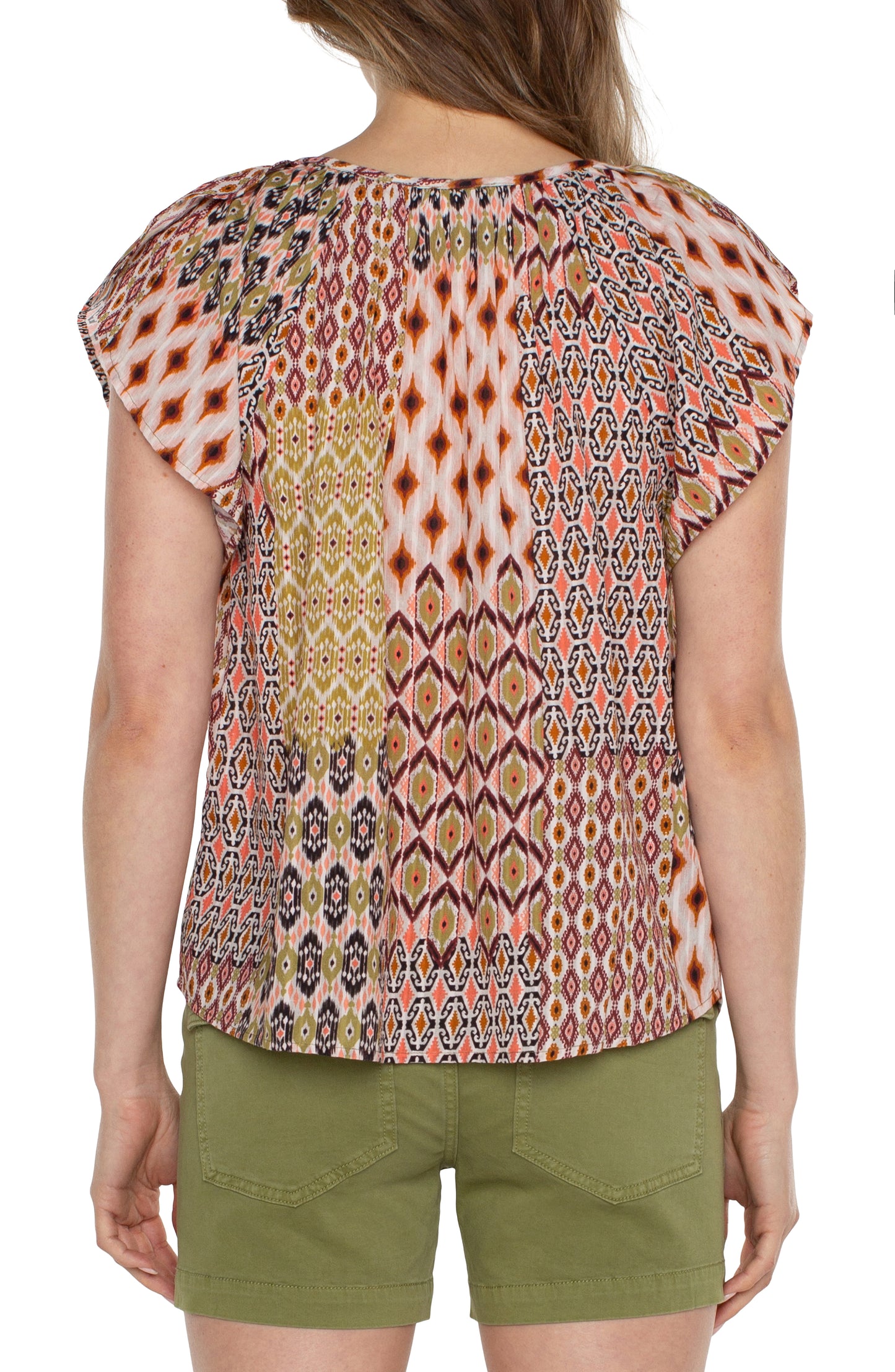 Liverpool Petal Sleeve Woven Top with Front Tie Detail (Geo Patchwork)