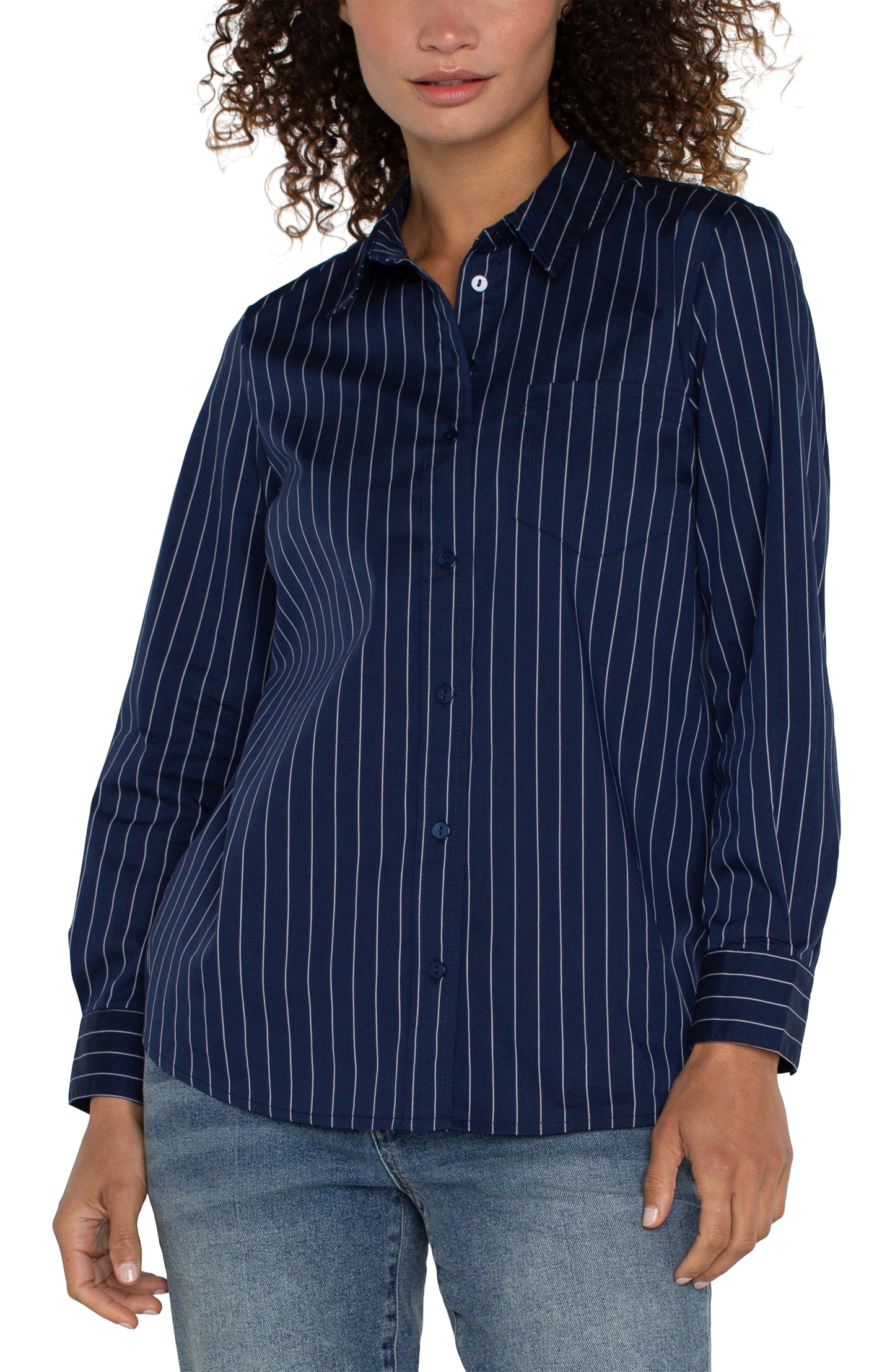 Liverpool Classic Fit Button Front Poplin Shirt (Navy/White Pinstripe)