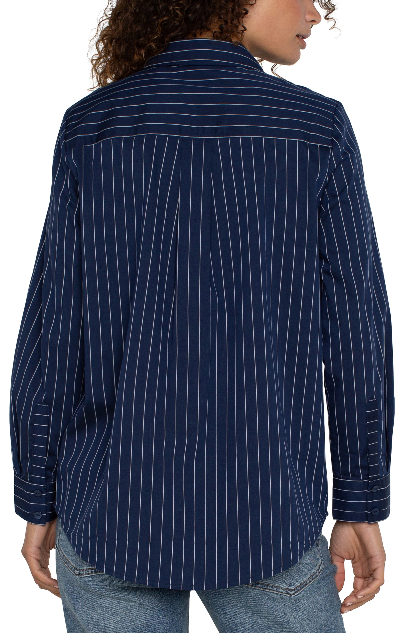 Liverpool Classic Fit Button Front Poplin Shirt (Navy/White Pinstripe)