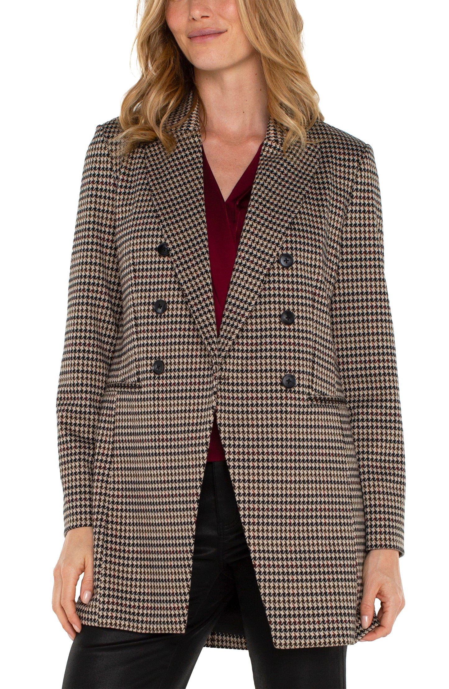 Liverpool Double Breasted Longline Blazer (Black/Tan Houndstooth)