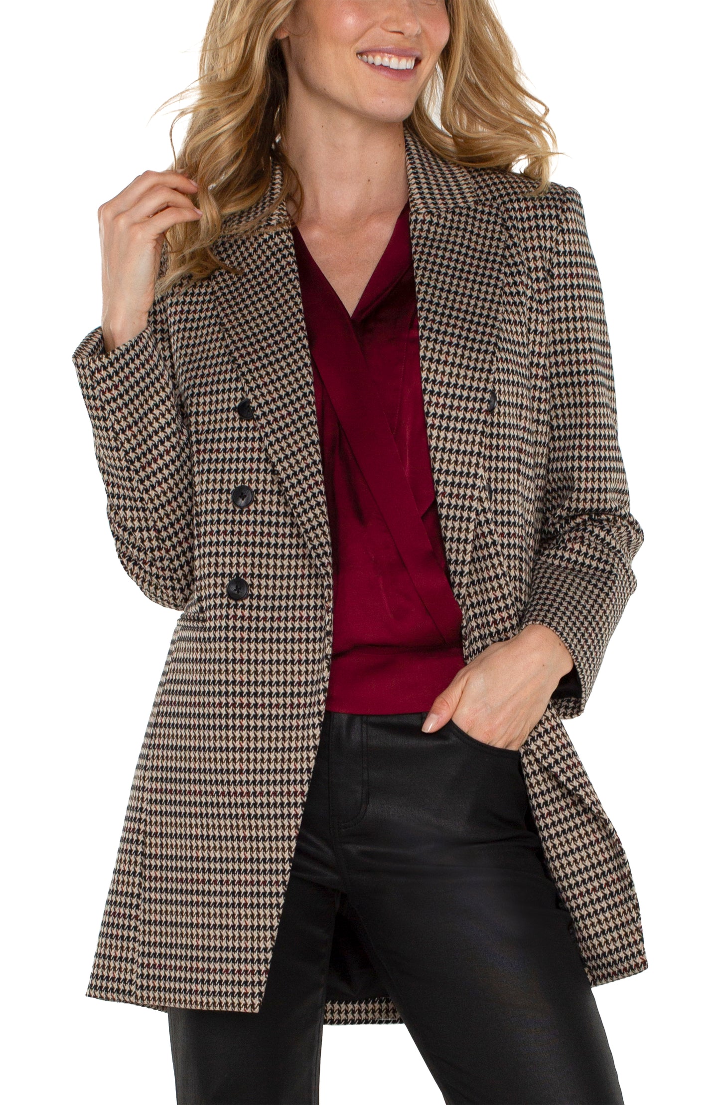 Liverpool Double Breasted Longline Blazer (Black/Tan Houndstooth)