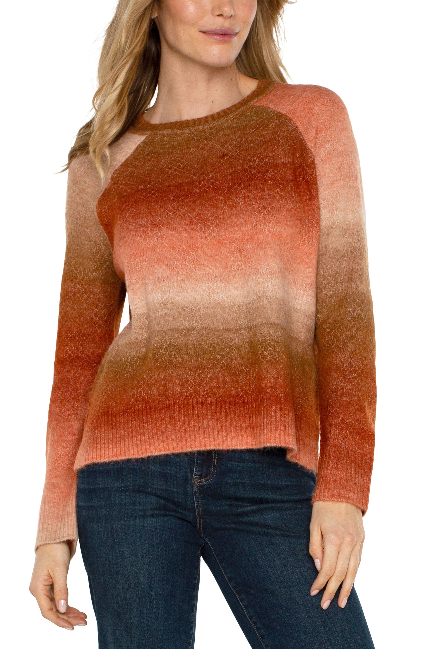 Liverpool Long Sleeve Raglan Sweater w/ Side Slit (Orange Ombre)