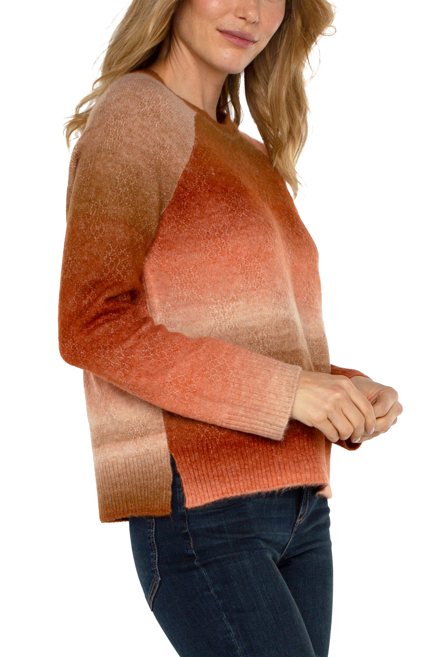 Liverpool Long Sleeve Raglan Sweater w/ Side Slit (Orange Ombre)