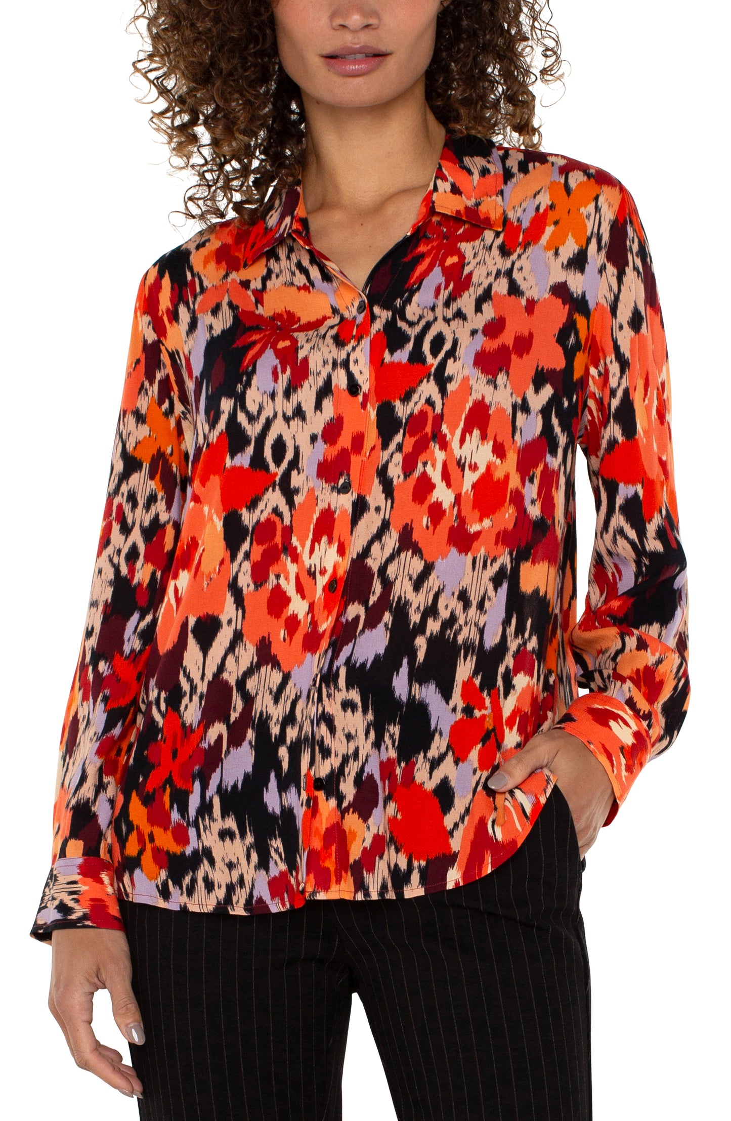 Liverpool Long Sleeve Button Front Woven Shirt (Burnt Orange Floral)