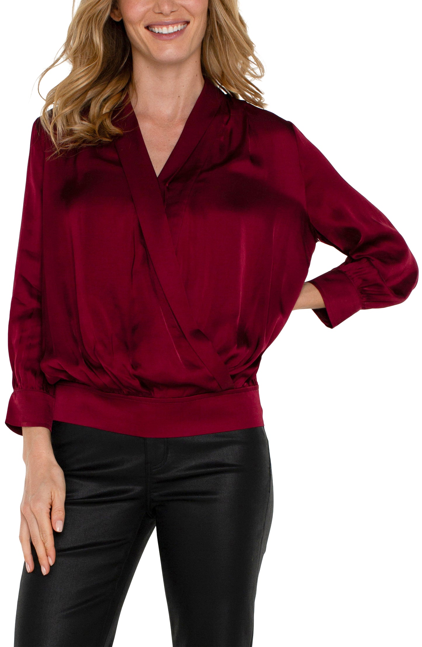 Liverpool Shawl Wrap Front Bracelet Sleeve Blouse (Dark Pinot Noir)