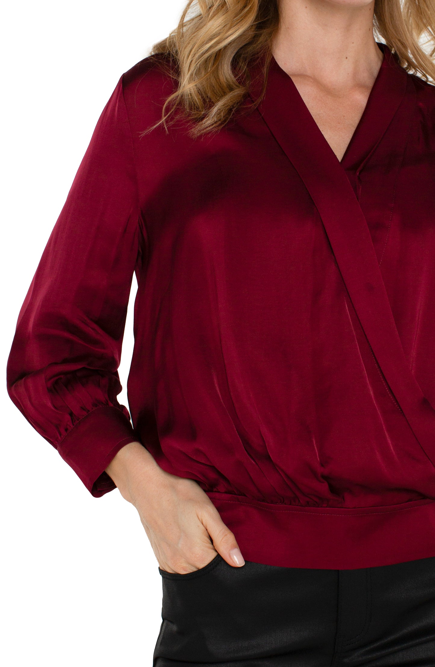 Liverpool Shawl Wrap Front Bracelet Sleeve Blouse (Dark Pinot Noir)