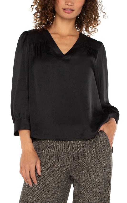 Liverpool Long Sleeve Pleated Neck Woven Blouse (Black)