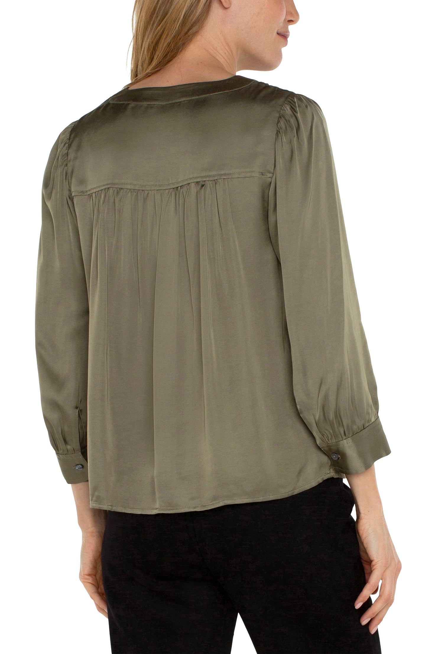 Liverpool Long Sleeve Pleated Neck Woven Blouse (Spanish Olive)