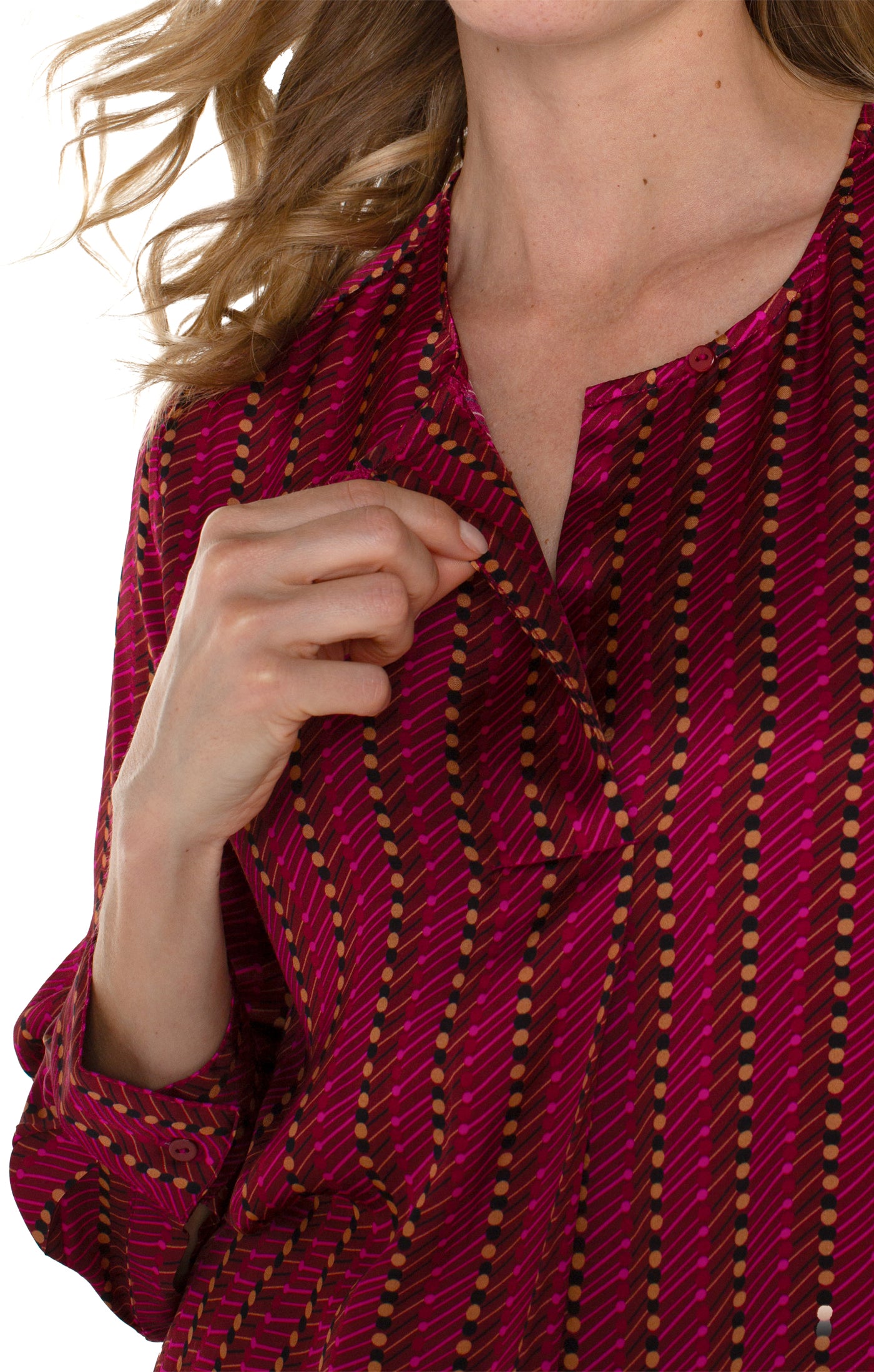 Liverpool Long Sleeve Popover Woven Blouse (Ruby Dotted Stripe)