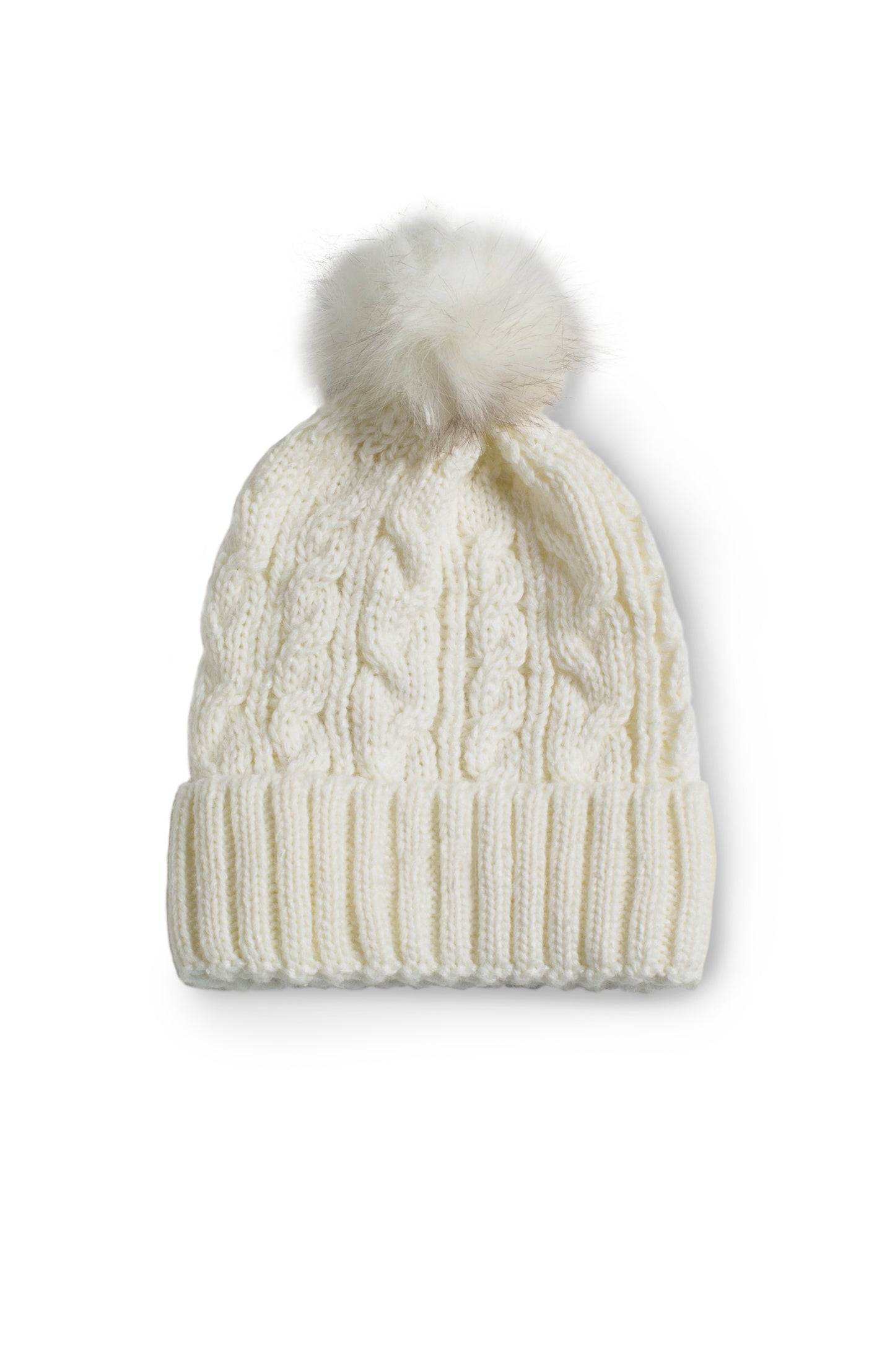 Liverpool Cable Knit Beanie w/ Fax Fur Pouf (Snow White)